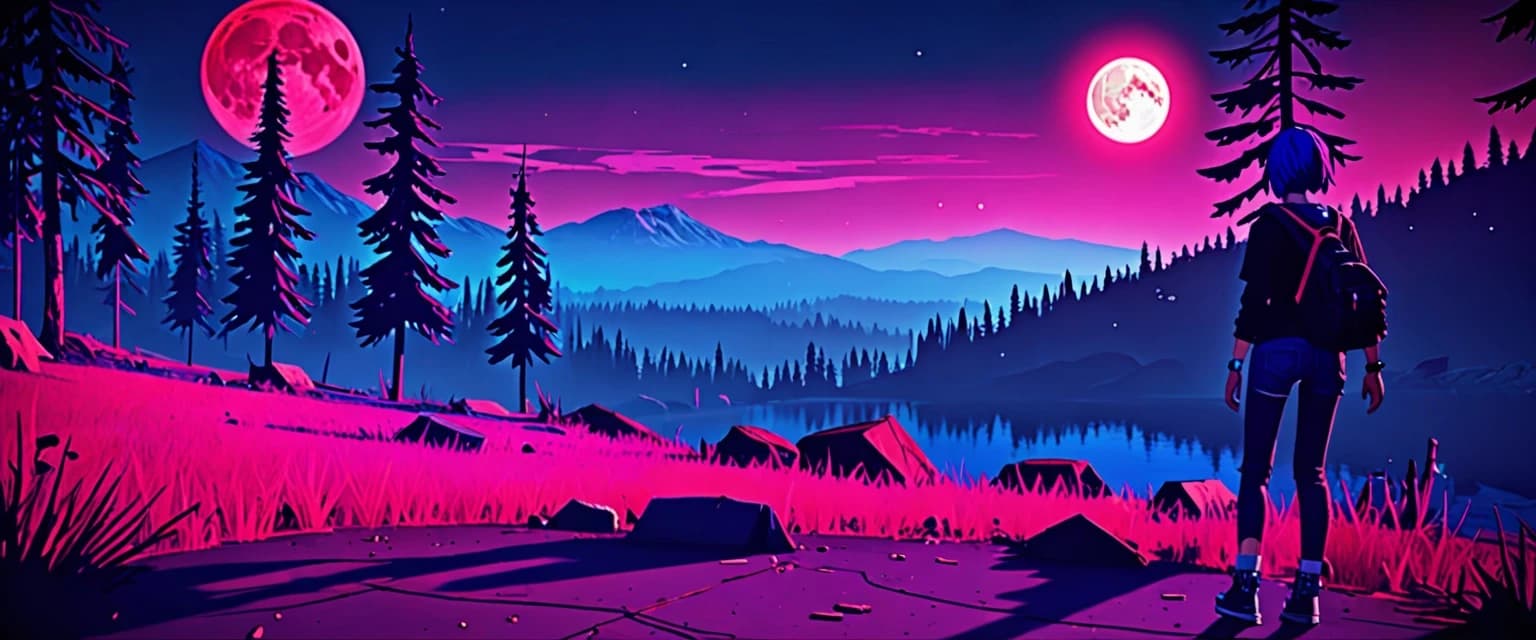 A natural landscape, art from *Life Is Strange*, Chloe Price, retro rave style, neon color, indigo, chrome, blood‑moon colors.
