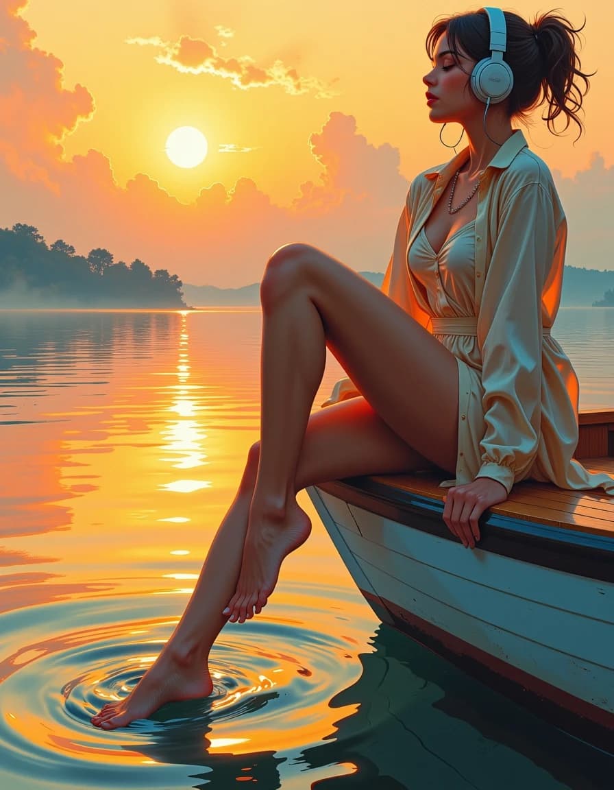 A masterpiece, in the style of the 1980s, with bold lines, dynamic strokes and rich textures, on background with a touch of nostalgia, perhaps with subtle drawings inspired by cellulose and vintage, worn textures similar to paper,oil painting, A high-end photorealistic airbrush masterpiece of a beautiful woman in a light stylish summer outfit sitting on the edge of a wooden boat. She is wearing sleek modern over-ear headphones, eyes closed in pure bliss. One leg is elegantly extended, with her bare foot gently touching the water surface, creating soft circular ripples. Thick atmospheric fog and mist over a calm lake. Dramatic golden hour sunset backlighting, sun low on the horizon, glowing rim light, warm orange and gold tones. Flawlessly smooth skin, polished glossy textures, cinematic volumetric lighting, hyper-detailed, 8k --ar 2:3 --v 7 --stylize 450