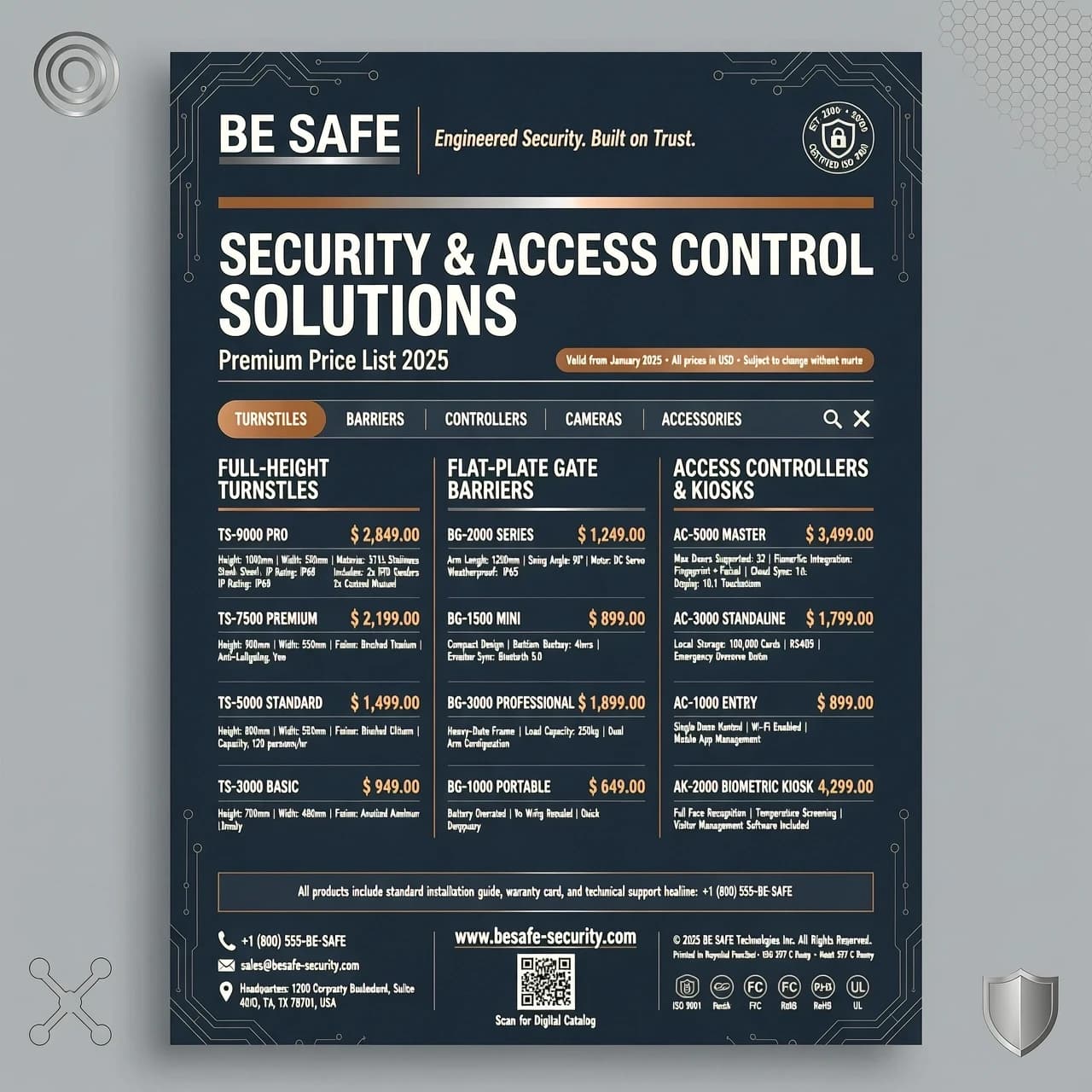 "Design a premium, high-end B2B price list layout for security and access control equipment (turnstiles, barriers, controllers).
Color Palette: A sophisticated combination of deep graphite-navy blue and pure white as the primary base. Use brushed silver and polished copper/bronze as premium metallic accents for thin lines, borders, table headers, and category dividers.
Style & Mood: Minimalist, corporate, expensive, technological, and highly secure. The design should look like a brochure from a top-tier luxury tech brand.
Layout Details: Clean and structured grid system. Elegant typography with a modern sans-serif font. Subtle geometric patterns or faint high-tech circuit lines in the deep blue background. Ample white space for readability. High contrast between the dark headers and white content areas.
Format: Vertical A4 document design, print-ready, ultra-detailed, 8k resolution, professional graphic design, Behance top tier." компания be safe