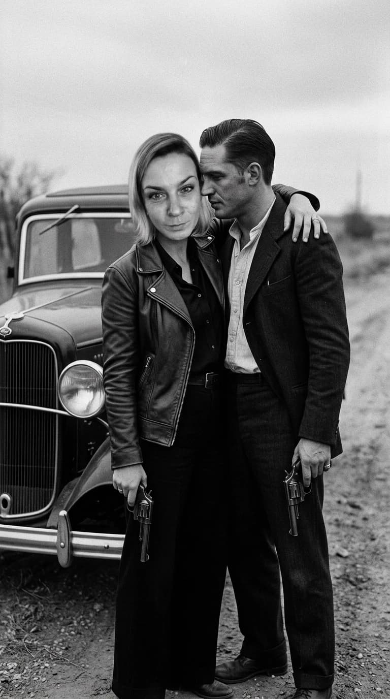 Hyper-realistic cinematic film still, authentic 1930s vintage photograph style. A woman with the exact facial features of the provided image, portrayed as Bonnie Parker, standing intimately close to Clyde Barrow, played by Tom Hardy. The composition is a medium shot, capturing their upper bodies with natural human proportions and realistic skin textures, including subtle pores, fine lines, and natural imperfections. They are dressed in era-appropriate 1930s outlaw attire: worn leather jackets, period-accurate shirts, and subtle grit. The lighting is moody and dramatic, reminiscent of classic noir cinematography, with soft shadows and a slight film grain that evokes a sense of historical authenticity. The background is a blurred, atmospheric setting of a dusty roadside or a dimly lit vintage interior. Captured on 35mm film, muted color palette with sepia undertones, high dynamic range, no digital smoothing, looking like a genuine lost frame from a classic crime drama.