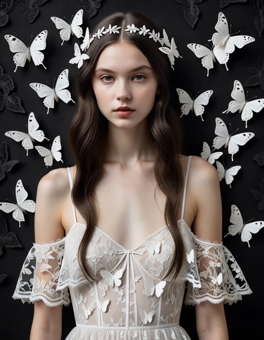 Black and white minimalism, conceptualism, flat painting, pale young beautiful European woman of Slavic type, 23 years old, shoulder-length hair, dark, slightly wavy, fluffy white butterfly on her hair, in a white lace dress with thin straps, white butterflies over surrealism, naturalness, dark background,