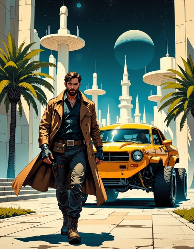 A masterpiece, in the style of the 1980s, with bold lines, dynamic strokes and rich textures, on background with a touch of nostalgia, perhaps with subtle drawings inspired by cellulose and vintage, worn textures similar to paper, oil painting, A cinematic retro‑futuristic scene: a stoic rugged man in a worn brown leather trench coat and utility pants walks toward the camera from beside a gleaming hybrid hover‑rover. He wears heavy boots, a utility belt, metal wrist devices, and a slightly unshaven, determined face; his coat flaps behind him. Behind him a polished chrome, domed canopy vehicle with oversized off‑road tires, exposed hydraulic tubing and articulating suspension gleams with warm specular highlights. Grand Art‑Deco towers and floating plaza platforms rise into a starry night sky with a ringed planet visible; fountains and sculpted trees frame the scene. Rich, warm rim lighting and cool ambient starlight create dramatic contrast, deep shadows, realistic reflections on chrome, wet stone plaza, fine texture on leather and metal, subtle atmospheric mist and water spray. Low‑angle, hyper‑detailed, ultra‑realistic cinematic lighting, 35mm perspective, ultra high resolution, photoreal concept art with painterly color grading and intense detail.