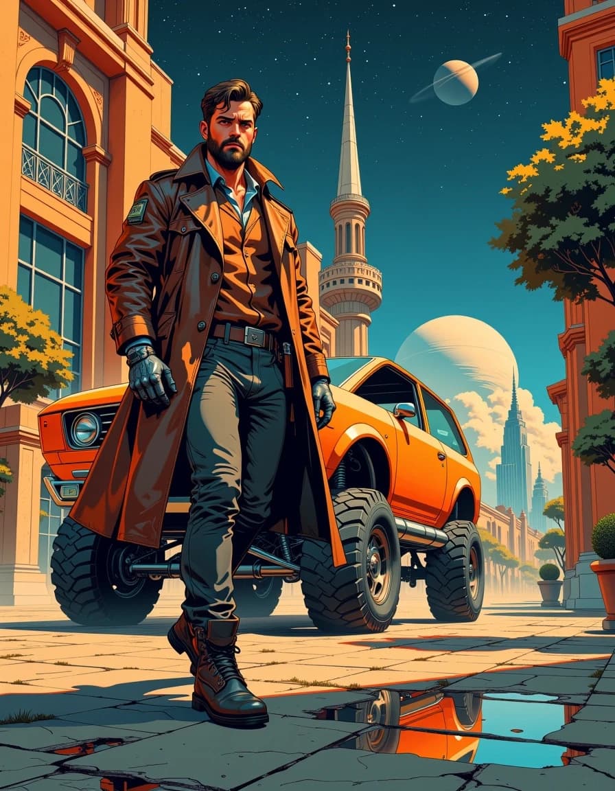 A masterpiece, in the style of the 1980s, with bold lines, dynamic strokes and rich textures, on background with a touch of nostalgia, perhaps with subtle drawings inspired by cellulose and vintage, worn textures similar to paper, oil painting, A cinematic retro‑futuristic scene: a stoic rugged man in a worn brown leather trench coat and utility pants walks toward the camera from beside a gleaming hybrid hover‑rover. He wears heavy boots, a utility belt, metal wrist devices, and a slightly unshaven, determined face; his coat flaps behind him. Behind him a polished chrome, domed canopy vehicle with oversized off‑road tires, exposed hydraulic tubing and articulating suspension gleams with warm specular highlights. Grand Art‑Deco towers and floating plaza platforms rise into a starry night sky with a ringed planet visible; fountains and sculpted trees frame the scene. Rich, warm rim lighting and cool ambient starlight create dramatic contrast, deep shadows, realistic reflections on chrome, wet stone plaza, fine texture on leather and metal, subtle atmospheric mist and water spray. Low‑angle, hyper‑detailed, ultra‑realistic cinematic lighting, 35mm perspective, ultra high resolution, photoreal concept art with painterly color grading and intense detail.
