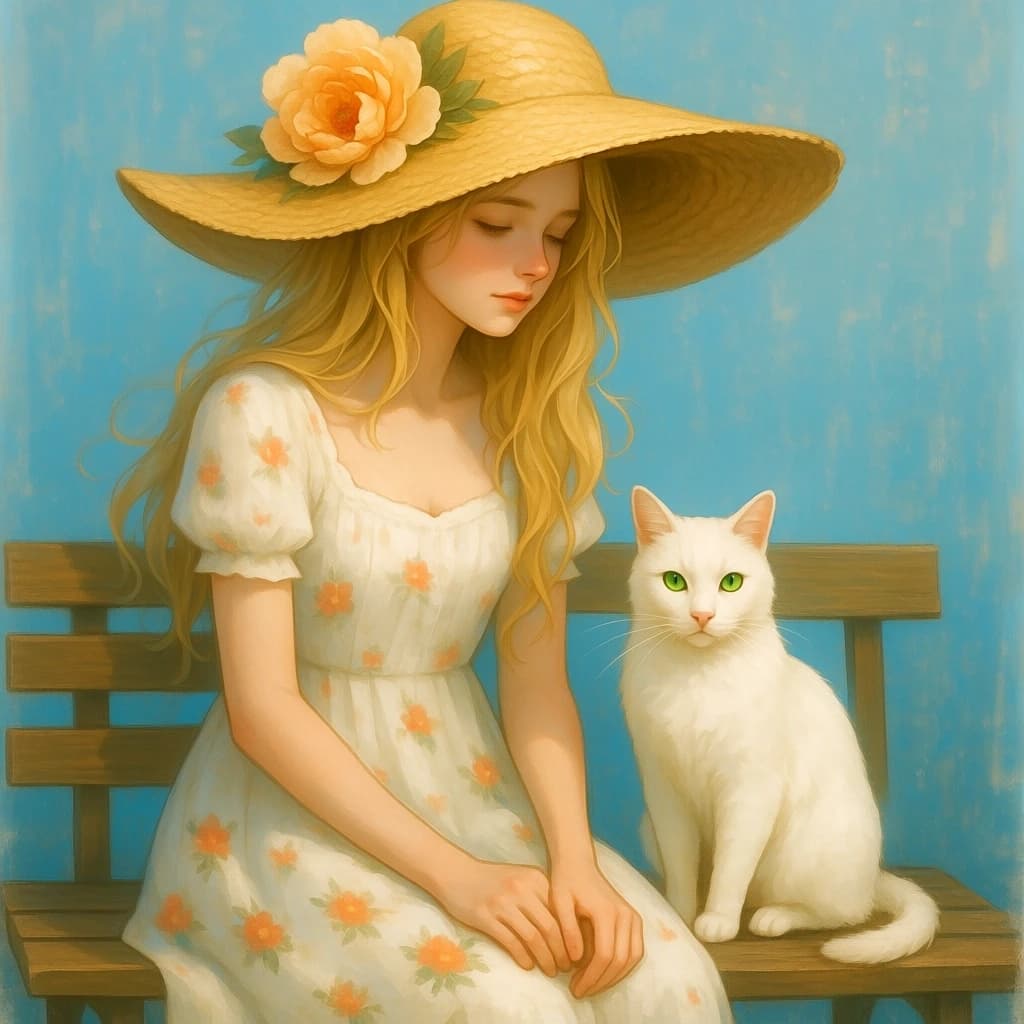 The image is a digital art piece that features a young woman with long blonde hair and a large straw hat with a large flower on top. She is wearing a white dress with a floral pattern and is sitting on a wooden bench. Next to her, there is a white cat with green eyes sitting on the bench. The background is a light blue color with a grungy texture. The overall mood of the image is dreamy and ethereal.