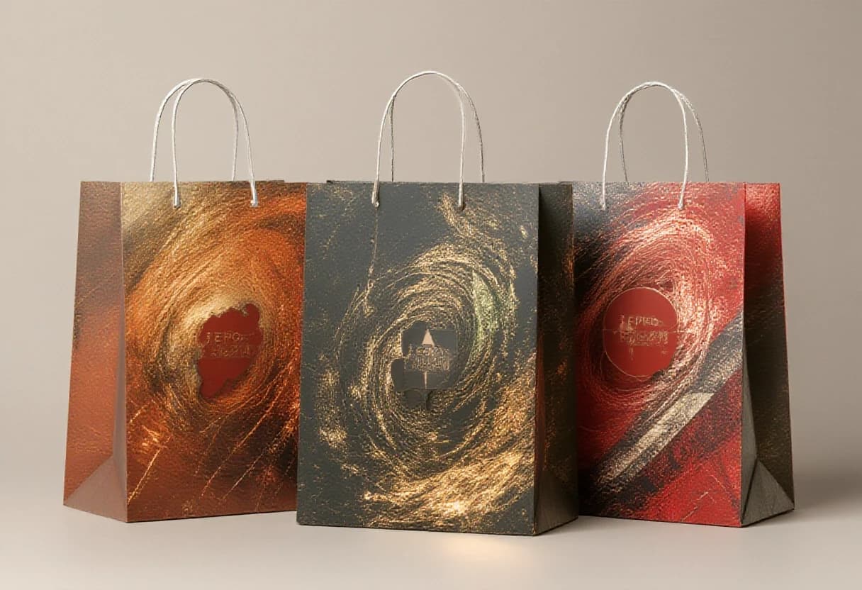 Photorealistic studio shot of three tall paper shopping bags with white rope handles on a clean light neutral background.
Left bag in Muted Clay palette (soft terracotta, warm clay, dusty earth tones). Center bag in Burnt Olive (deep olive green, golden-olive). Right bag in Red Mahogany (rich dark red-brown, burgundy mahogany).
All bags feature the same expressive flowing composition of thick oil paint strokes mixed with liquid gold and liquid silver. The metallic strokes are glossy, reflective, with bright specular highlights, soft reflections and realistic metal reflexes, beautifully blended with the painterly oil texture.
Sharp red logos: square "ЭКСПО ЮВЕЛИР" with diamond, large "ЮВЕЛИРТЕХ". Precise text: МЕЖДУНАРОДНАЯ ВЫСТАВКА ЮВЕЛИРНОЙ ИНДУСТРИИ, ВДНХ, павильон 55/57, 23-27 СЕНТЯБРЯ 2026, МОСКВА. Luxury artistic jewelry exhibition packaging, high detail, professional lighting.