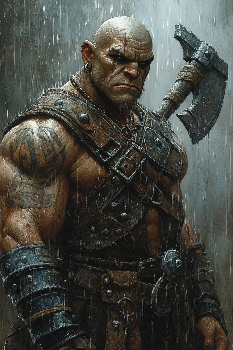 Fantasy character portrait, half-orc male, bald, face tattoos, massive muscular build, wearing heavy leather vest with metal bracers, holding a two-handed axe, calm but intimidating eyes, standing in rain, gritty D&D art, art by Karl Kopinski, --ar 2:3
--style raw --stylize 200