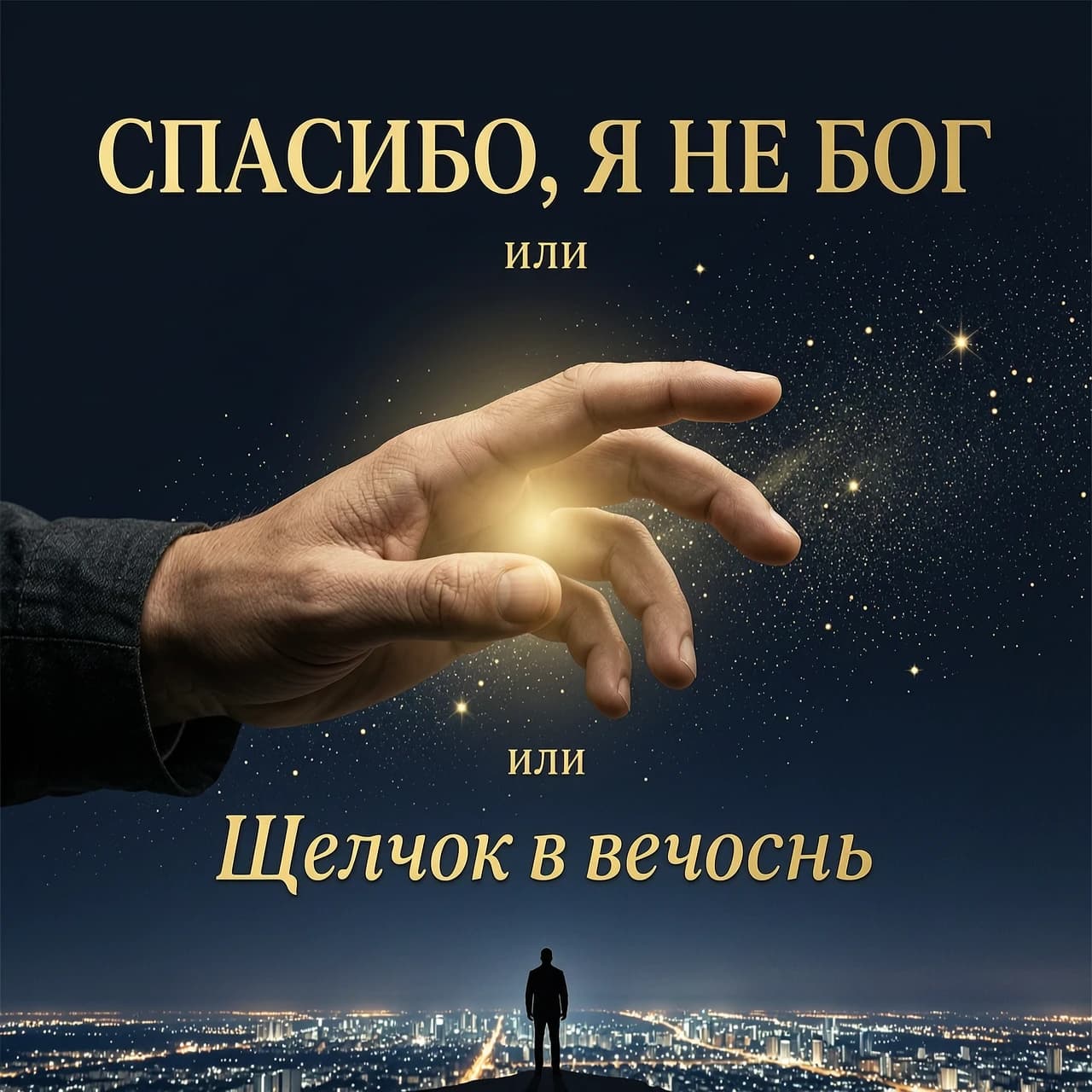 Book cover design, cinematic realism, high-concept minimalism.
Background: Deep midnight blue, almost obsidian, with a subtle, tactile texture of fine cosmic sand and drifting stardust.
Centerpiece: A dramatic first-person perspective (POV) close-up of a man's hand reaching forward towards the viewer. The hand is captured in the precise moment before a snap: the thumb and middle finger are poised to touch, the ring and pinky fingers are pressed firmly against the palm, and the index finger is extended slightly outward. A soft, ethereal golden glow emanates from the space between the fingers, casting warm light on the skin's texture and knuckles.
Typography and Composition:
Top center (large, bold, elegant serif font in gold): "СПАСИБО, Я НЕ БОГ"
Just below (small, delicate font): "или"
Bottom center (italicized, slightly larger than "или", refined gold lettering): "Щелчок в вечность"
Background Detail: Beneath the text, at the very bottom of the frame, a tiny, faint silhouette of a lone man stands against an infinite horizon, overlooking the distant, blurred lights of a sprawling nocturnal megalopolis.
Visual Style: Dark academia meets cosmic noir. Lighting is chiaroscuro, focusing on the golden glow of the hand against the heavy shadows. Color palette: Obsidian black, deep navy blue, and radiant liquid gold. Mood: Existential solitude
