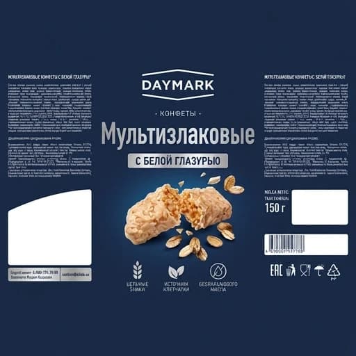 Сменить фон на темный плотный матовый глубокий-синий
пиктограммы: цвет серебристый, размер уменьшить, разложить по горизонтали под картинкой
Текст: "мультизлаковые" сделать ровными, шрифт по горизонтали, убрать наклон, цвет блестящий серебрянный.
плашка и линию подчеркивания выровнять по горизонтали, убрать наклон, сменить цвет на сребристый