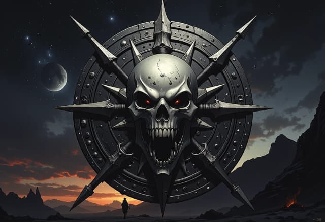 Circular emblem of a fierce, warlike desert tribe, centered composition. In the foreground, a weathered tribal shield made of dark hide and bone ornaments, overlaid with two crossed spears featuring sharp, jagged bone tips, with gigantic screaming skull with glowing eyesockets in the center . The background features a vast, mystical nocturnal desert under a massive crescent moon and a shimmering Milky Way galaxy. Artistic style of a high-detail fantasy game icon, digital painting with heavy texture. Lighting: dramatic rim lighting from the moonlight, deep cinematic shadows, and a fair glow from campfire. Lightings on the background. Mood: primal, menacing, and epic. Details: fine cracks in the bone, sand grains caught in the shield's texture, silhouettes of distant dunes, and a starry night sky. High contrast, hyper-realistic textures, volumetric lighting, 8k resolution.