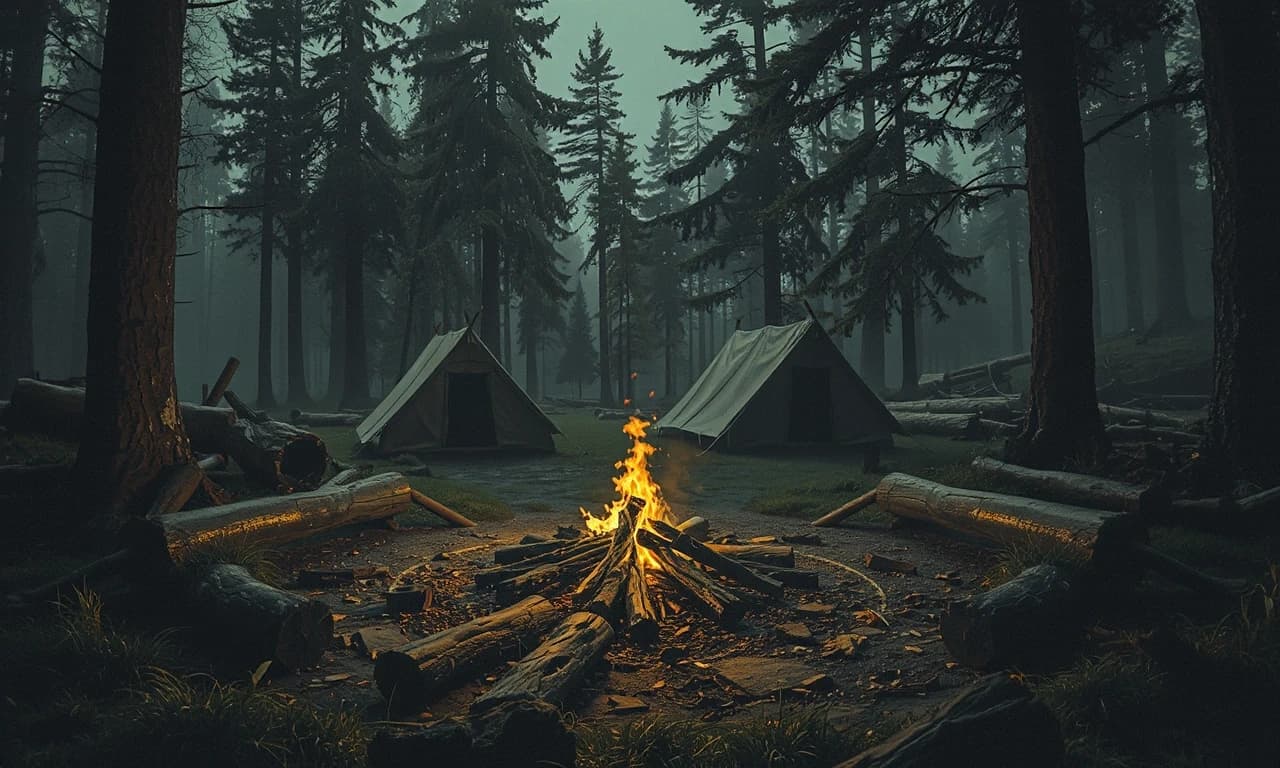 Фэнтези, средневековье. Костер в лесу, вокруг костра разложены брёвна, за бревнами пять палаток. Вокруг лес. Вечер, приглушенные тона, стиль цифровая фэнтези живопись. Высокое качество,
