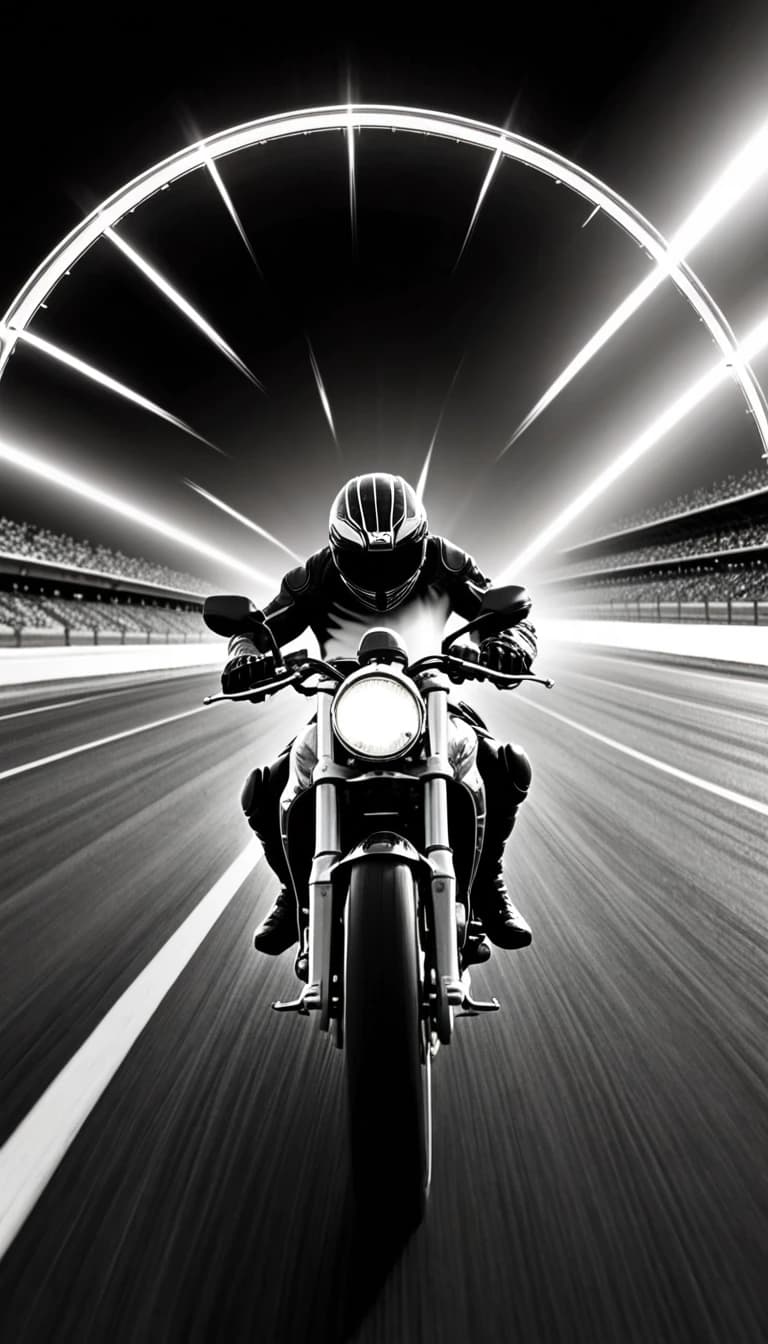A striking black-and-white, high-speed shot of a motorcyclist on a racetrack; superimposed at the top of the frame is a large, glowing speedometer showing ascending increments—20, 40, 60, 80, 100, 120, 140, 160—with the needle pushed past the 160 mark. The motorcycle features a sleek, modern design, and the rider is clad in a full leather suit and helmet. A blurred background of trees and a cloudy sky accentuates the sense of motion and speed. The image’s overall aesthetic—rugged and dynamic—captures the raw thrill of extreme-speed riding.
