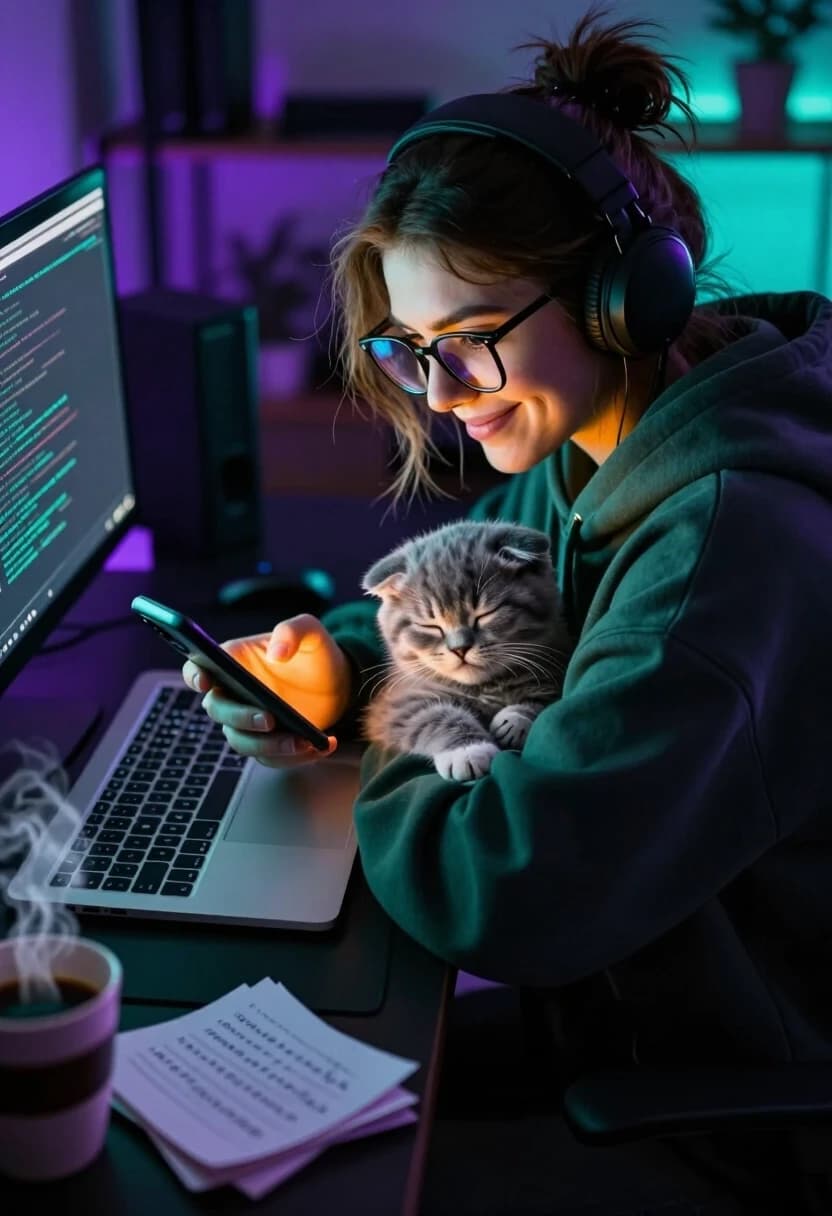 A cinematic, high-angle shot looking down from the shoulder of a hacker. The hacker is a young woman with messy hair and oversized glasses, her face partially illuminated by the warm glow of a smartphone and the cool light of a laptop. She is staring at the screen with a smirk of triumph, her eyebrows raised in a "gotcha!" expression, as she discovers a hidden truth in the decrypted files.
Cuddled up in the crook of her arm, practically merging with her oversized hoodie, is a tiny, fluffy grey Scottish Fold kitten. The kitten is fast asleep, its little paws tucked under its chin, looking like a soft cloud of fur against the harsh, metallic environment. The contrast between the high-stakes cyber-espionage and the absolute peace of the sleeping kitten is the heart of the image.
The room is dark, filled with the atmospheric glow of RGB strips (purple and teal). In the foreground, a small stack of handwritten notes and a steaming cup of coffee create a sense of lived-in space. Deep perspective, volumetric lighting, focus on the interaction between the hacker's triumphant expression and the kitten's serenity.
Keywords: over-the-shoulder shot, triumphant smirk, sleeping fluffy kitten, RGB lighting, cyber-detective, intimate atmosphere, depth of field, hyper-realistic fabrics, 2:3 aspect ratio.