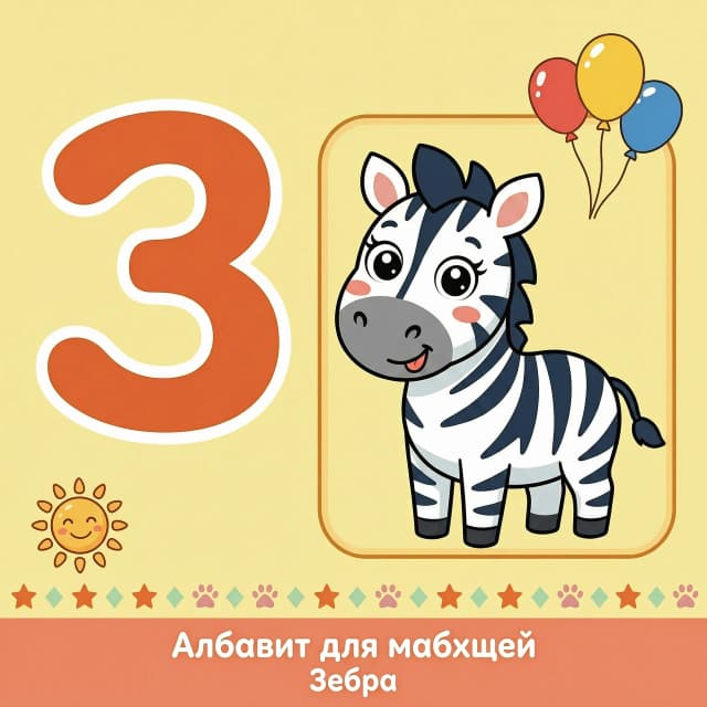 Мультяшная обучающая карточка формата А4 для первоклассников. Слева — крупная заглавная буква „З“ простым толстым шрифтом без засечек, высота буквы около 15 см. Справа — мультяшная Зебра, стиль яркий и дружелюбный, крупные формы, минимум мелких деталей. Фон светло‑жёлтый, нейтральный, много „воздуха“. Стиль — детский мультфильм, мягкие контуры, насыщенные, но не кислотные цвета, без теней и сложной штриховки.
