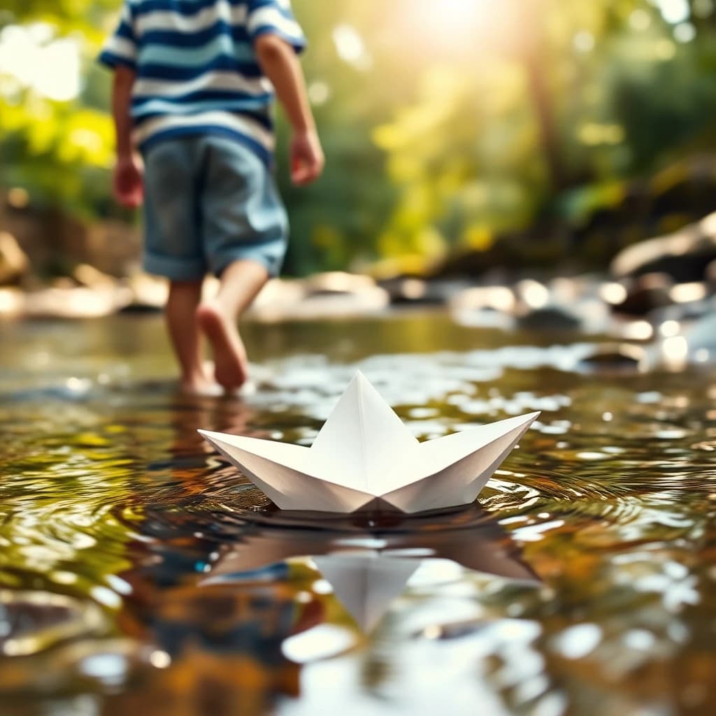 A child’s back view walking through a shallow stream, visible only from waist down: wearing a blue-and-white striped short-sleeve shirt and light blue shorts, barefoot in water; in the foreground, a white origami paper boat with classic triangular sail shape floats on the water, showing clear creases, gently bobbing with current; clear water with ripples and splashing droplets; background features blurred green foliage and river rocks, strong depth-of-field bokeh; low-angle close-up shot, focus sharply on the paper boat at water surface, child softly blurred in mid-background; warm backlighting, sun positioned top-left casting golden lens flares and bokeh highlights across water; natural outdoor daylight photography style emphasizing light, water texture, and motion; composition centers the paper boat with ample negative space to the right; clean, soft, nostalgic, and poetic atmosphere.