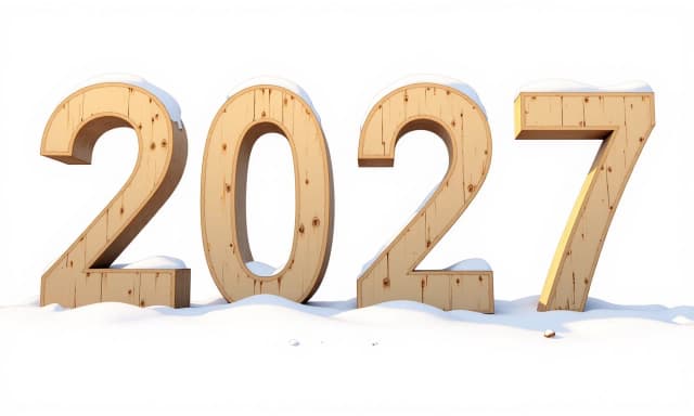 Крупные, чёткие объёмные цифры «2027» на изолированном чистом белом фоне. Каждая цифра «2», «0», «2», «7» написано идеально правильно и разборчиво. Цифры выполнены в минималистическом стиле из светлого матового дерева (или берёзы) с нежной текстурой пастельного рисунка. Поверхность цифр слегка припорошена тонким слоем пушистого снега и искрящего инея. Мягкие пастельные тона, естественные текстуры, без лишних ярких элементов. Изящный графический дизайн, шедевр, 8к