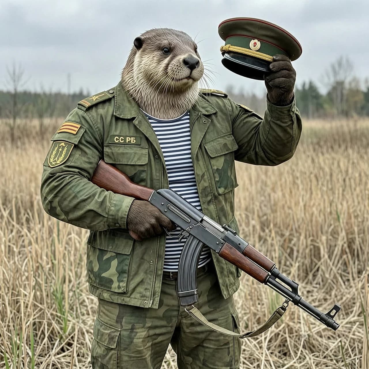 Сгенерируй изображение (Антропоморфный накаченный бобёр военный, в левой руке он держит берет (он как будто его вот вот оденет), в правой руке держит акс-74 дулом вниз. Одежда бобра военного образца ВС РБ (боевая), в тельняшке, тельняшка видна выражено) изображение в стиле реализм
