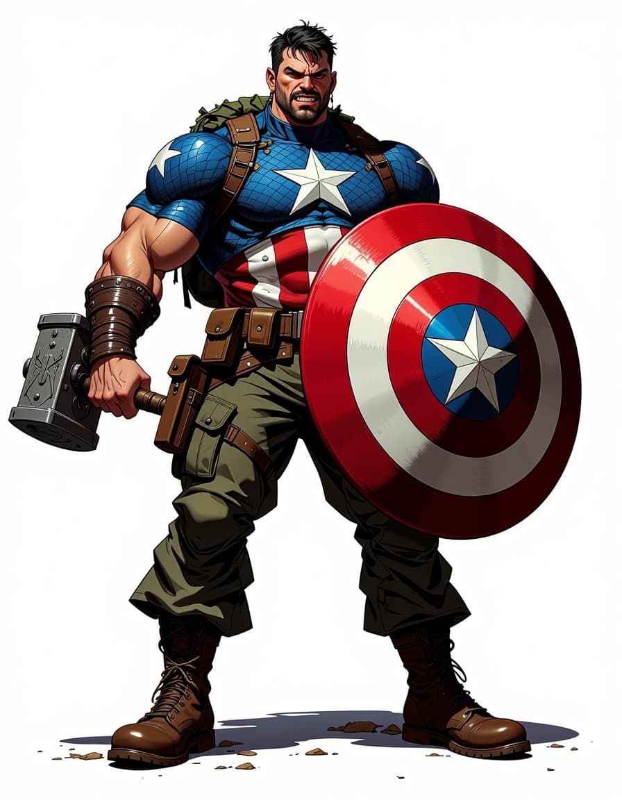 Full-body exaggerated caricature of a muscular patriotic soldier hero standing in a wide power pose, three-quarter front view with a slight low angle, gripping a large ornate war hammer in his right hand and a glossy round star-spangled shield in his left. He wears blue scale-mail with a white star and red-and-white striped torso, olive-green cargo pants, heavy brown combat boots, leather wrist wraps, multiple pouches and belts, and a rolled green backpack. Angry snarl, furrowed brows, exaggerated jawline, short dark hair, intense eyes. Highly detailed digital painting combining crisp comic-caricature linework with painterly rendering, rich saturated colors, strong rim and key lighting, glossy metal highlights on shield and hammer, realistic fabric and leather textures, subtle dirt and battle wear, soft grounded shadow on a clean white background, cinematic contrast, ultra-detailed, polished, dynamic and expressive.
