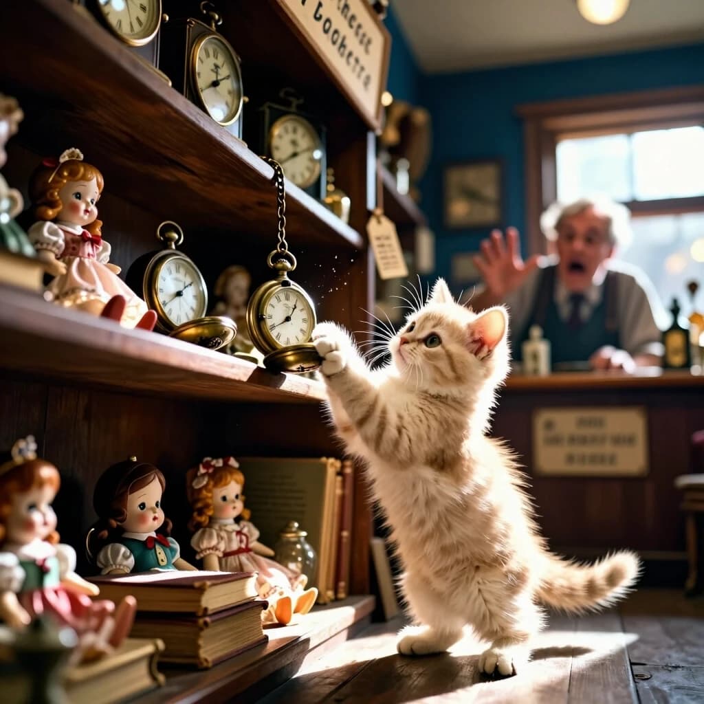 Винтажный магазин, но с магией и юмором (реалистичный стиль)
Photorealistic, 8K, cinematic composition. A cozy vintage shop with a worn wooden sign and handwritten price tags. The shelves are crammed with old clocks, porcelain dolls, and dusty books. In the foreground, a tiny fluffy cream-colored kitten is standing on its hind legs, trying to pull down a heavy brass pocket watch from a high shelf. Its eyes are wide with determination, ears perked, and tiny paws gripping the chain — a perfect close-up of its expressive face.
The camera angle is low and slightly tilted (Dutch angle), looking up at the kitten and the towering shelves, which creates a sense of scale and drama. Behind the counter, the shopkeeper (a kind-faced older man) is frozen mid-gesture, watching the kitten with a mix of horror and amusement.
Lighting: a single warm ray of afternoon sun streams through a dusty window, creating volumetric light beams and sharp chiaroscuro. The sunlit dust motes float in the air, and the kitten’s fur is backlit, making it a glowing silhouette with visible individual strands. Deep indigo shadows fill the corners of the shop.
Depth: shallow depth of field (f/1.4) — the kitten is razor-sharp, while the background shelves softly blur into bokeh. Heavy atmospheric haze separates the planes. Textures: detailed grain of the wood, the patina on the brass, the soft fluff of the kitten’s fur.