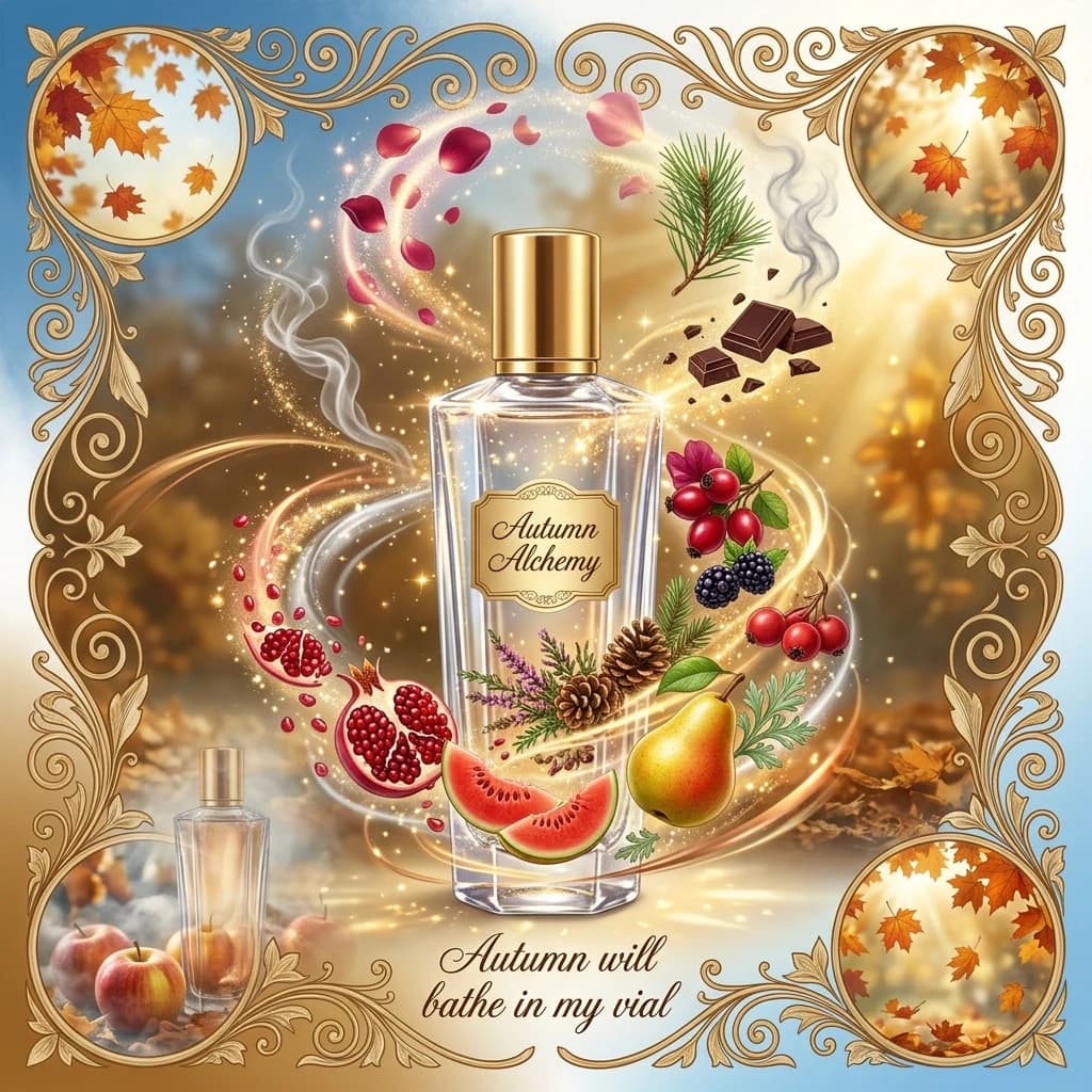 ((Advertising card)) (Greeting card background): blue and white, golden brown, golden white, golden blue, golden light blue. (Decorated with floral scrolls, spirals, vignettes of falling leaves and sunlight. (Autumn will bathe in my vial). (Autumn) is quite a subtle, skilled alchemist.There’s blood‑red rosehip, grains of blackberry, a crunchy forest and heather, and wormwood,
and red hawthorn with a slight bitterness, and datura, and heavenly blue. I’ll squeeze out the pulp of a ruby‑red pomegranate, the petals of late‑blooming roses, a coniferous aroma, a slice of scarlet eastern melon,
a ripe pear, a pinch of wormwood. ((A tall crystal perfume bottle. The bottle sparkles in the rays of magical light and golden sparks of enchanted fire, absorbing the scents of late‑blooming rose petals, the aroma of pine, smoke, dark chocolate, and flowers. Golden highlights swirl around the bottle)). (Colors):golden, scarlet, green, white‑green, yellow‑golden, silver, pink‑golden, silver‑white, pink‑lilac, copper‑pink, silver‑platinum. (Style):art fantasy, shabby chic, poster, advertising, art design, retro design, magical realism, metaphorism, poetry, postcard, romance, early autumn, apples, double exposure, tenderness, a perfume bottle in an autumn mist in the style of Nino Ricci, autumn, romance, close‑up, high quality, gradient, elegance, radiance and shine. Inner light, 4K, intricate details.