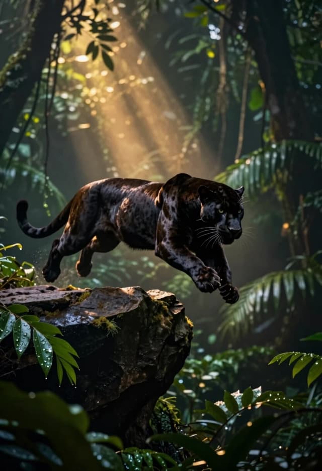 Photorealistic wildlife shot, 8K, extreme detail. A sleek black panther is frozen in mid-leap, launching itself off a jagged rock ledge into a dense, mysterious jungle. The moment is the exact apex of the jump: the panther’s powerful body is stretched out, every muscle defined, claws extended, ears pinned back, eyes locked on a point just beyond the frame. Behind the panther, the jungle is dark and thick, but ahead, the air seems to shimmer with a faint, otherworldly glow, as if the panther is leaping into a different dimension or hidden realm. The foliage around the ledge is hyper-detailed: individual leaves, droplets of water, rough bark texture. Lighting is moody and directional: a shaft of golden sunlight cuts through the canopy, illuminating the panther and the shimmering air in front of it. Atmosphere: suspenseful, epic, bordering on fantasy but grounded in photorealism. Camera: 135mm lens, f/4, ISO 800, fast shutter to freeze the leap. Style: National Geographic-style wildlife photography with a touch of magical realism.