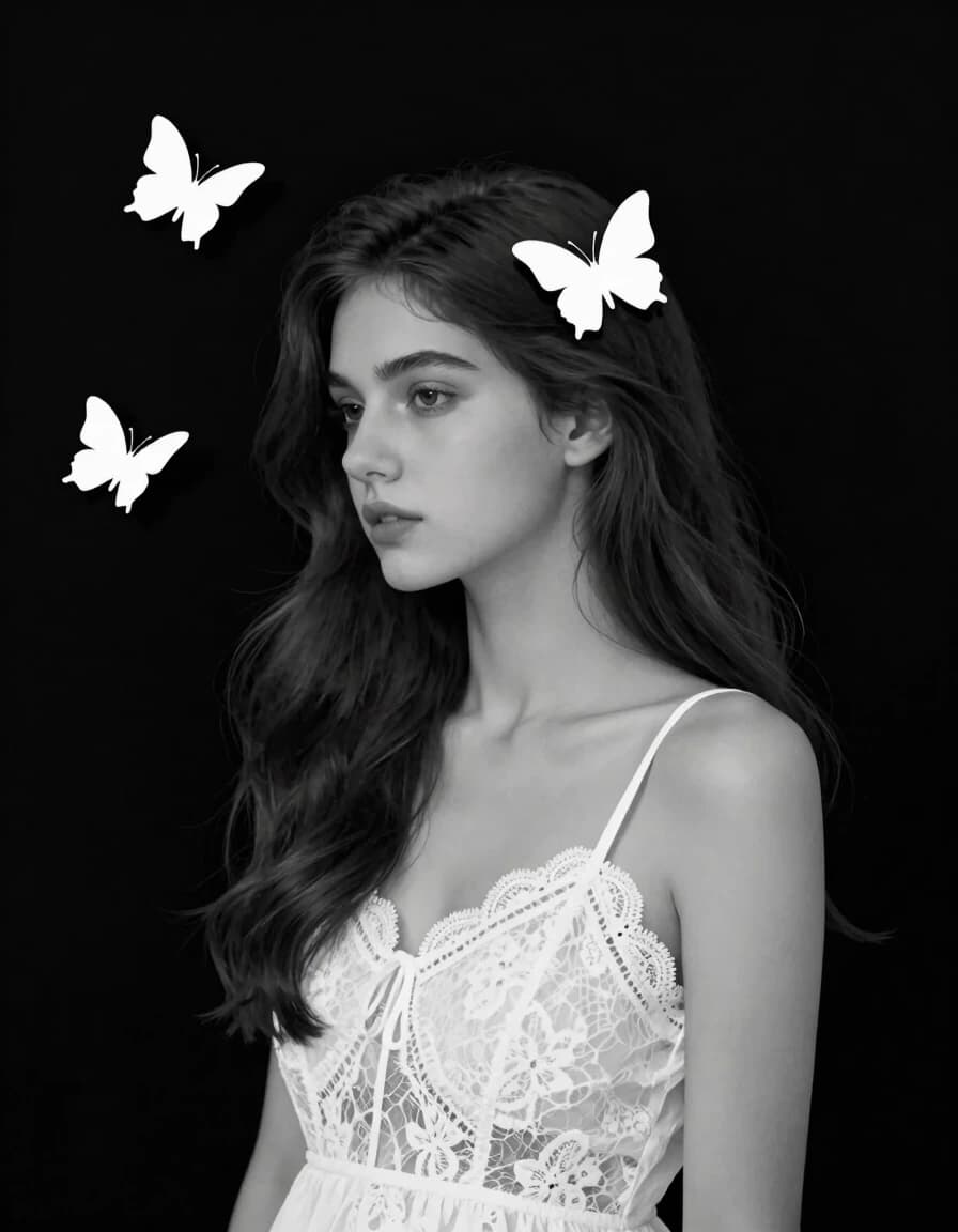 Black and white minimalism, conceptualism, flat painting, pale young beautiful European woman of Slavic type 23 years old, long hair, dark, slightly wavy, fluffy white butterfly on her hair, in a white lace dress with thin straps, white butterflies over surrealism, naturalness, dark background,