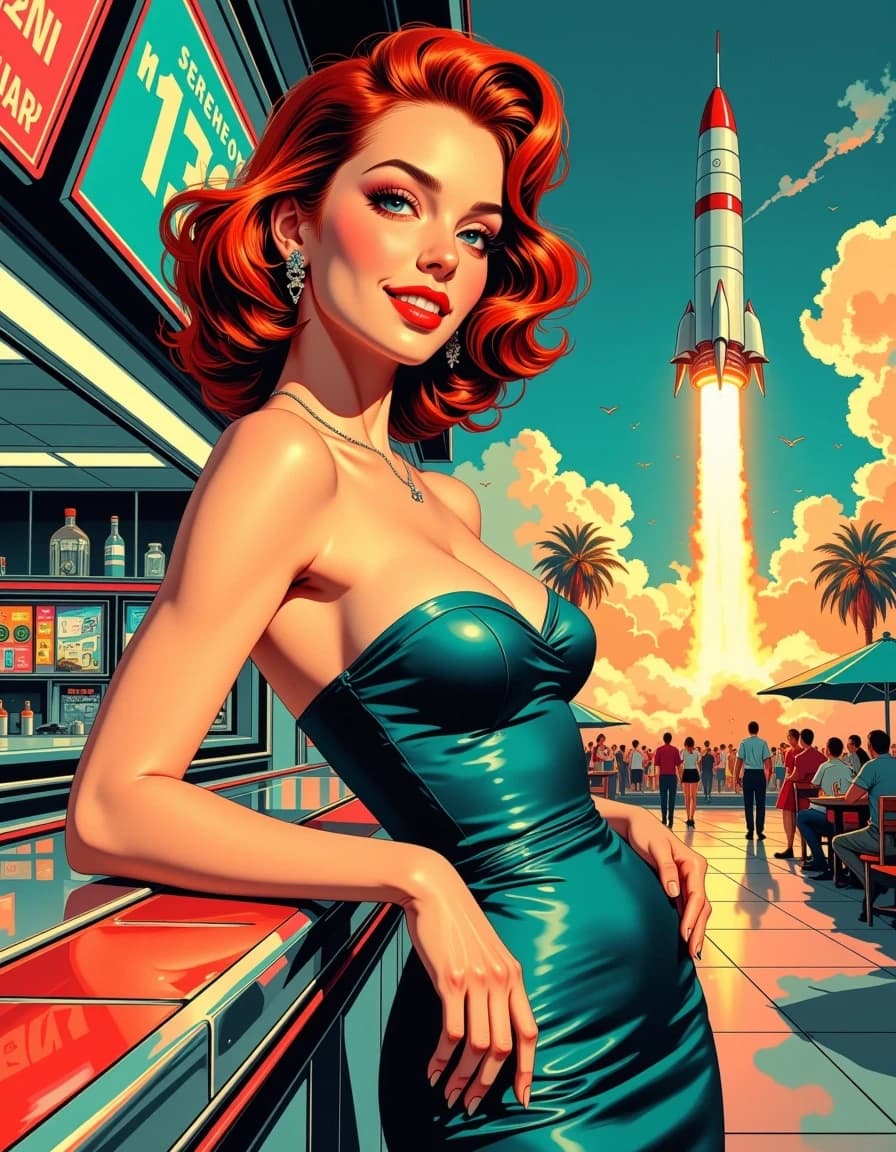 A masterpiece, in the style of the 1980s, with bold lines, dynamic strokes and rich textures, on background with a touch of nostalgia, perhaps with subtle drawings inspired by cellulose and vintage, worn textures similar to paper, A vibrant mid-century sci-fi movie poster scene: a glamorous red-haired woman in a shimmering teal satin dress leans confidently on a chrome counter in the left foreground, 1950s coiffed hair, red lips, bright smile, soft beauty lighting with warm rim highlights. Behind her, a chrome futuristic diner interior with teal retro consoles and neon signage casts colorful reflections. To the right, a colossal silver-and-red rocket ignites, billowing smoke and dust as it lifts off amid a cheering crowd, palm trees, and a retro-futuristic landscape beneath dramatic, cloud-streaked sky. saturated Technicolor palette, glossy film grain, high detail, cinematic wide-angle perspective, dynamic contrast, and nostalgic poster texture. celshading, simple background