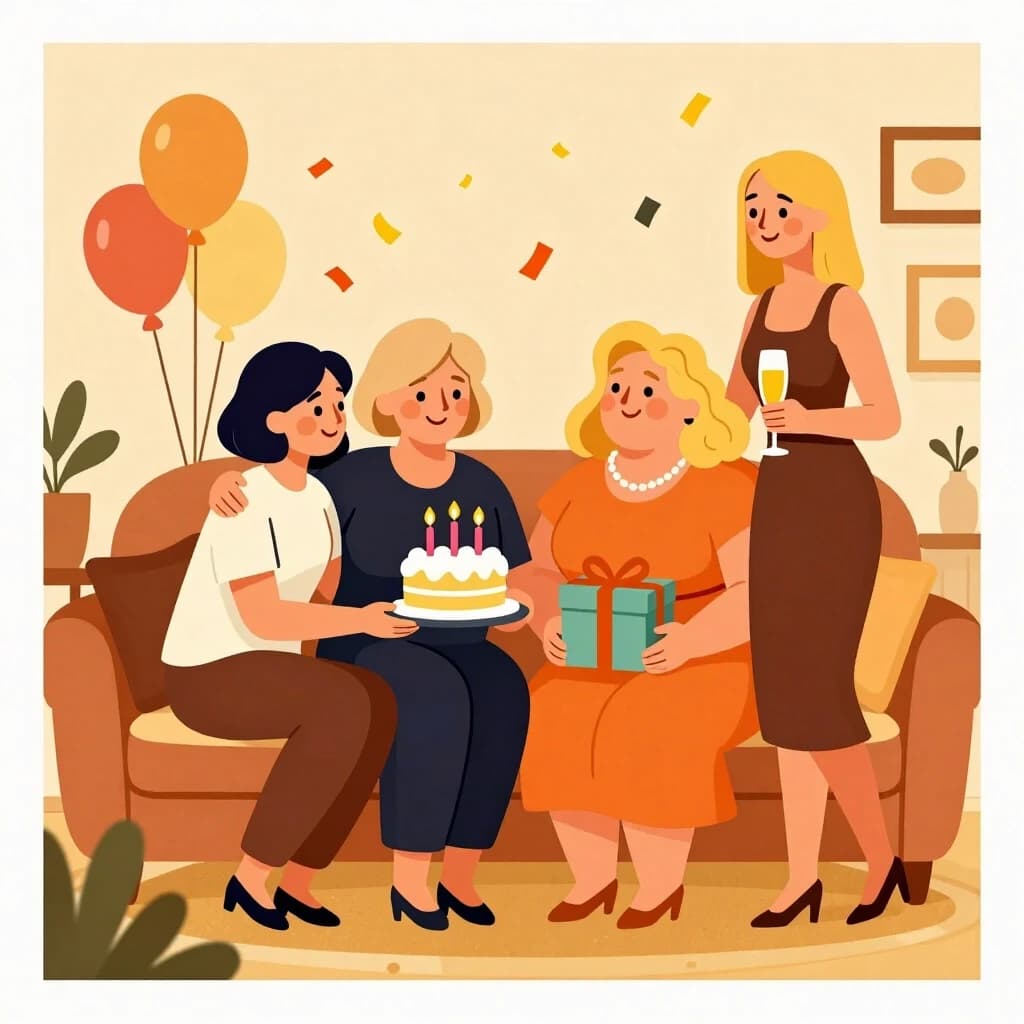 Праздничная открытка с днём рождения. женщины 45–50 лет позируют в уютной гостиной. В центре именинница со светлыми короткими волосами, старше остальных (около 50 лет) держит торт со свечами. Рядом первая подруга с темными короткими волосами, обнимает именинницу. Вторая подруга — полная, со светлыми пышными волнистыми волосами до плеч, держит подарок. Третья подруга — высокая стройная, со светлыми прямыми волосами до плеч, с бокалом шампанского. Тёплое золотистое освещение, конфетти, воздушные шары. Иллюстрация в стиле открыток Котёночкина