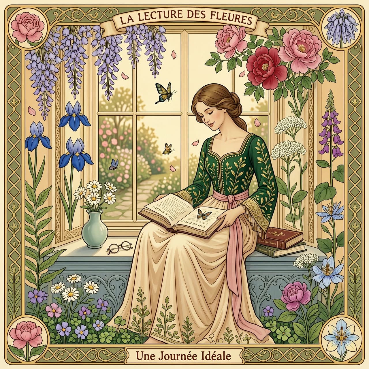 A woman sits in a sun-drenched window seat, surrounded by an abundance of vibrant, blooming flowers. She is reading a book, a gentle smile on her face. The style is reminiscent of Art Nouveau, with flowing lines, organic shapes, and a rich, decorative quality. Think Alphonse Mucha meets a cozy reading nook.