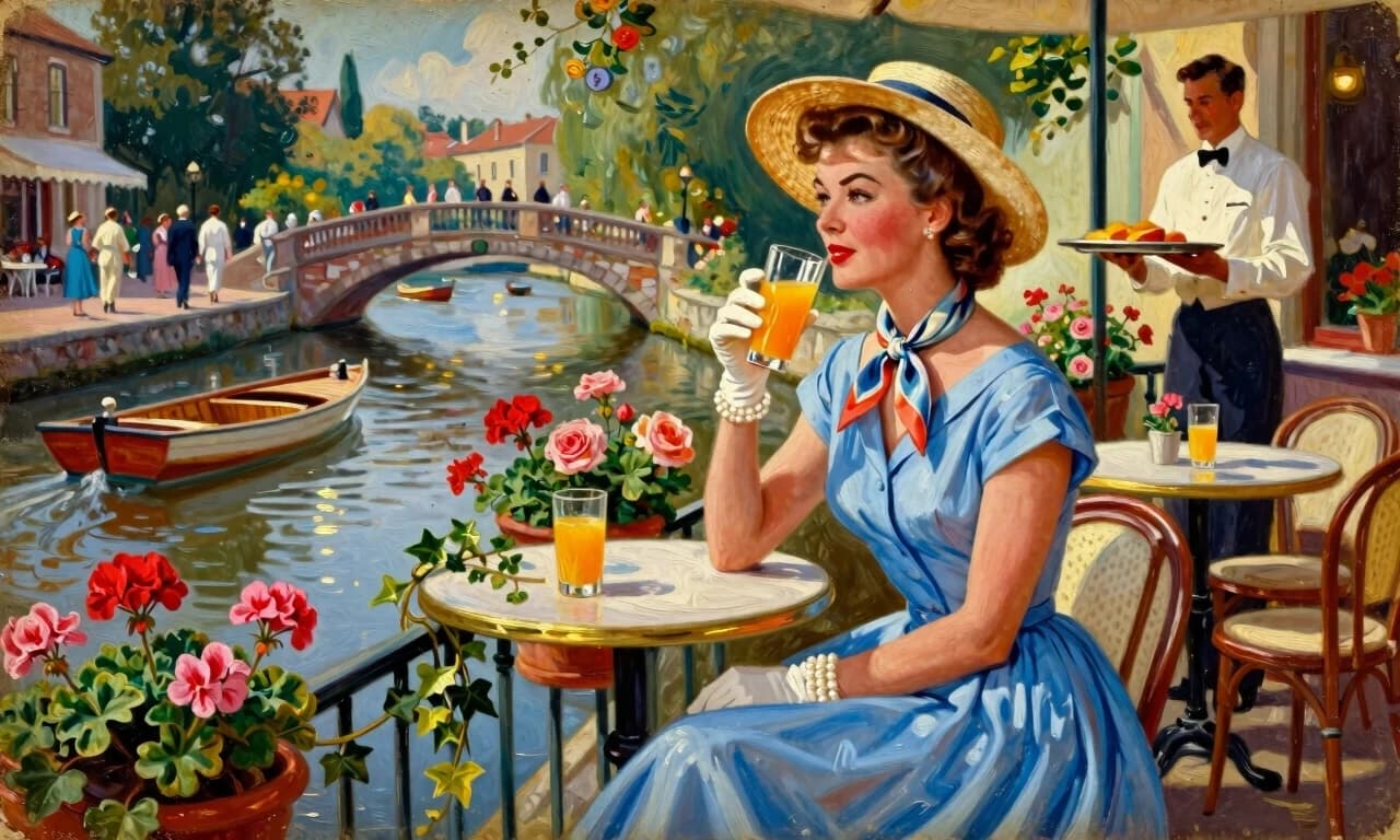 A masterpiece, in the style of the 1980s, with bold lines, dynamic strokes and rich textures, on background with a touch of nostalgia, perhaps with subtle drawings inspired by cellulose and vintage, worn textures similar to paper,oil painting, A sophisticated 1950s woman sits alone at a flower-draped café terrace overlooking a tranquil canal, gently sipping a glass of freshly squeezed orange juice. She wears an elegant powder-blue day dress with a fitted bodice and flowing skirt, accented by a silk scarf tied gracefully at her neck. A stylish straw hat casts a soft shadow over her delicate features, while pearl bracelets and white gloves complete her polished look. Her expression is thoughtful and content, as if savoring a quiet summer morning. Around her, pots of blooming geraniums, roses, and trailing ivy decorate the terrace railings. Small wooden boats drift lazily along the canal, and in the distance, well-dressed townspeople stroll across an arched stone bridge. A waiter in a crisp white jacket carries a silver tray between tables, while soft sunlight dances on the water below. The scene feels peaceful, refined, and filled with the gentle rhythm of a bygone era. Painted in a luxurious vintage storybook oil painting style, featuring rich painterly textures, visible brushstrokes, luminous colors, warm golden morning light, soft reflections on the canal, exquisite facial details, elegant 1950s fashion, romantic European atmosphere, dreamy nostalgic mood, masterfully illustrated classic storybook aesthetic, cinematic depth, and timeless old-world charm.