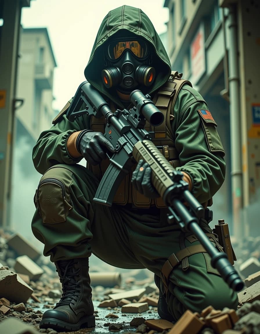 A masterpiece, in the style of the 1980s, with bold lines, dynamic strokes and rich textures, on background with a touch of nostalgia, perhaps with subtle drawings inspired by cellulose and vintage, worn textures similar to paper, oil painting, hyper-detailed scene of a kneeling tactical soldier in a ruined urban battlefield, wearing a hooded military suit and a full-face gas mask with a reflective visor, aiming a heavy suppressed rifle with scope and visible belt-fed rounds directly toward the viewer; worn tactical pouches, ammo clips and grenades on a rugged chest rig, scuffed gloves, reinforced knee pads and muddy boots, realistic fabric creases and weathering. Dramatic cinematic backlighting and rim light cutting through volumetric fog and smoke, moody overcast sky, shattered concrete walls and exposed rebar in the background. Low-angle three-quarter view, sharp focus on the mask, weapon barrel and hands, shallow depth of field with soft bokeh on ruins, high dynamic range, tactile textures on metal and fabric, subtle film grain, desaturated military greens and greys, ultra-realistic lighting, 8k detail, cinematic military portrait, intense suspenseful atmosphere. hdr