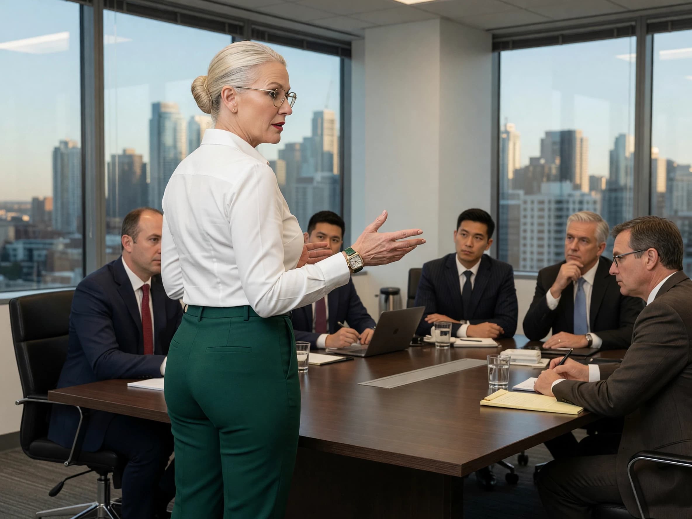 Realistic high quality photo. A beautiful 50-year-old blonde woman executive with wide hips, her hair pulled back into a bun, and a luxury watch on her hand, poses with her back in tight-fitting green trousers and a white shirt tucked into the trousers at a large office desk. Four men in smart business suits are sitting in chairs at the table. The woman is gesturing with her hands, standing half-turned towards us.