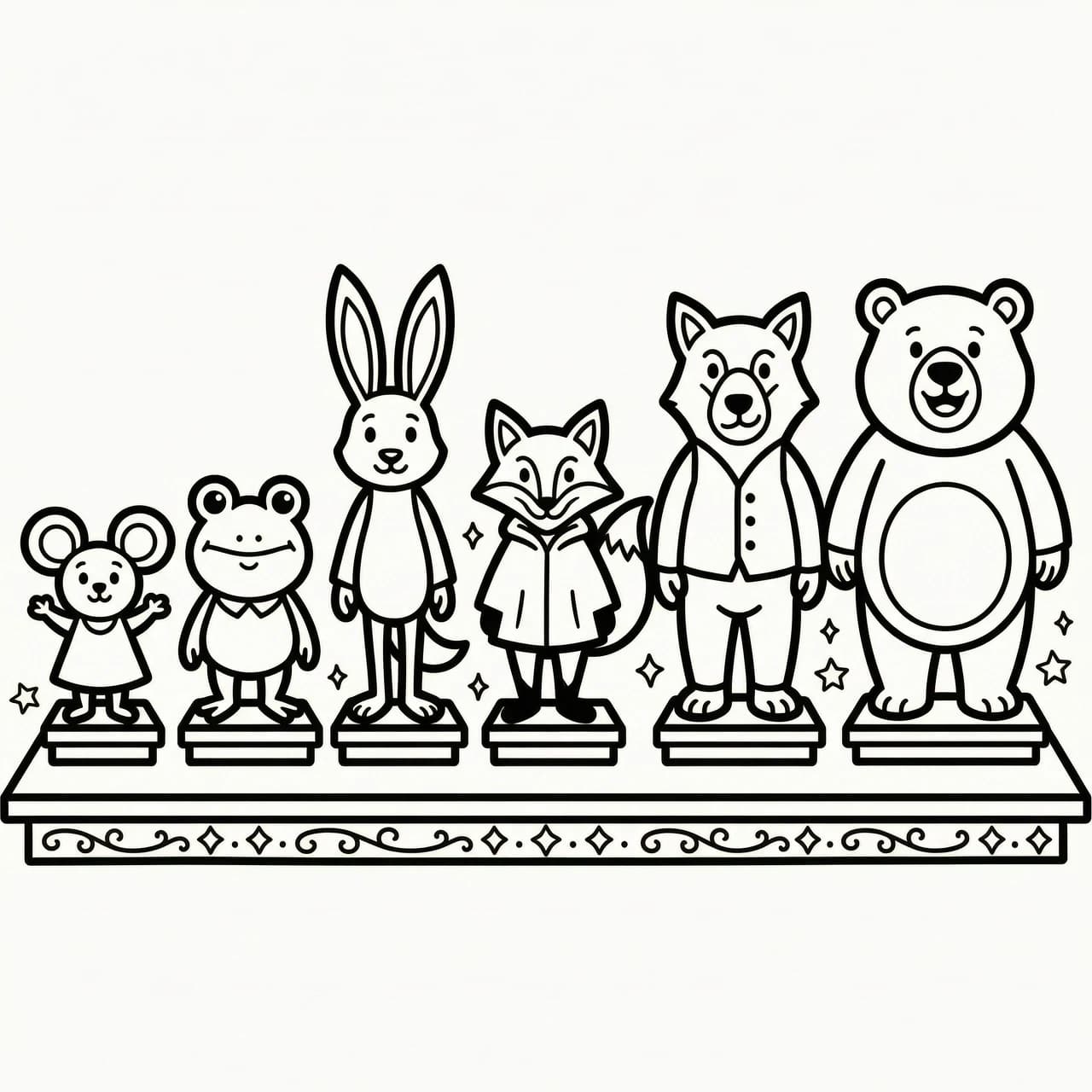 Printable black and white outline drawing, coloring page for children. Fairy tale characters "Teremok" standing on a flat stage floor. Full-body view. Simple doodle style, very thick bold lines, high contrast. Characters: little Mouse, Frog, Hare, Fox, Wolf, Bear. Each character has a wide rectangular base at the feet (like a stand). No colors, no grey fill, only pure white background. 2D flat illustration, minimalist, low detail, large blank areas for coloring. Suitable for preschool craft, stick puppet theater.