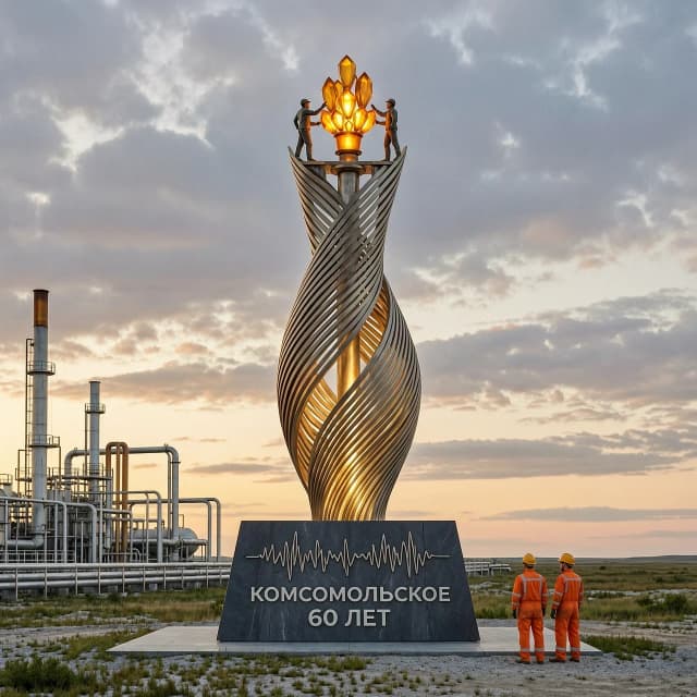 A photorealistic architectural visualization of a monumental sculpture "Torch of Eternal Energy" installed in an open industrial area of a gas field in the Russian north. The monument is a tall twisting metal flame made of overlapping steel feathers, topped with three small figures of geologists reaching towards a glowing amber glass cluster. The base is a massive dark stone plinth with carved reliefs of seismic waves and the inscription "КОМСОМОЛЬСКОЕ 60 ЛЕТ". Background: gas processing units, pipelines, and flat tundra with low vegetation. Two workers in orange overalls and helmets stand at a distance, emphasizing the huge scale of the monument. Warm evening light, monument illuminated from within, dramatic sky with soft clouds. Ultra realistic, 8k, high detail, cinematic composition. --ar 16:9 --v 6.0 --style raw