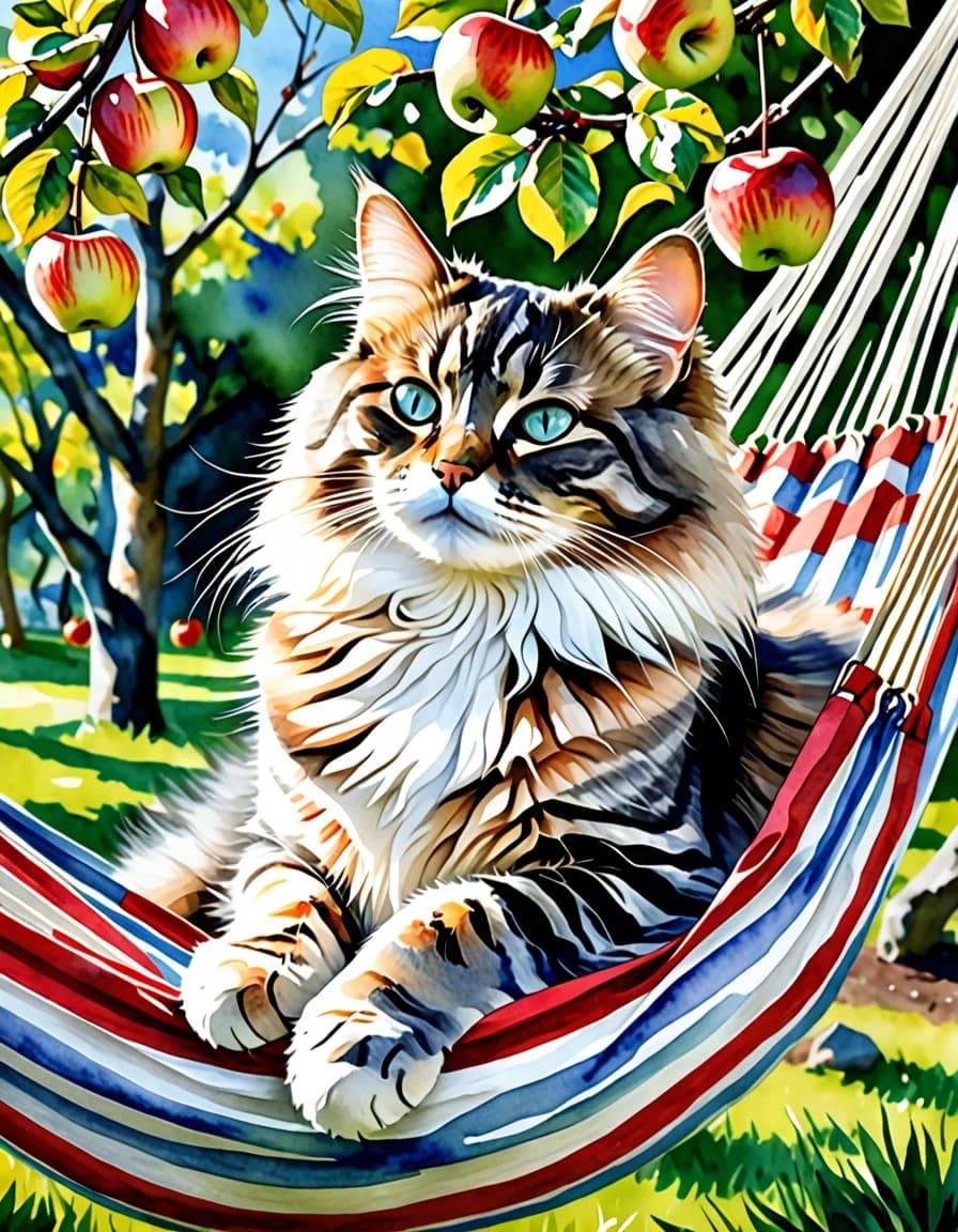 A masterpiece. Create an image. Watercolor painting style: ((Beautiful fluffy Siberian striped cat):1.6 dozing in a hammock under the apple trees in the garden):1.6, clear edges, clear textures, volumetric composition, studio lighting, author's style, 8k resolution. High detail and clear texture. Intense close-up. High quality. Increased attention to small details. The aspect ratio is 3:4.