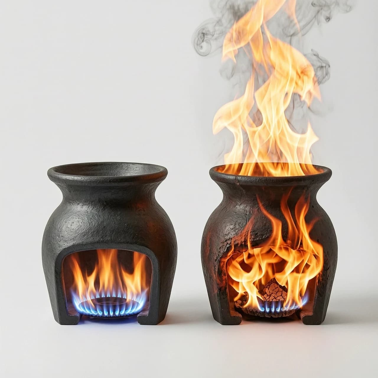 two jugs with flat bottoms without handles stand next to each other on a white background one is heated from below by gas the other heated to 800 degrees flames erupt from it
