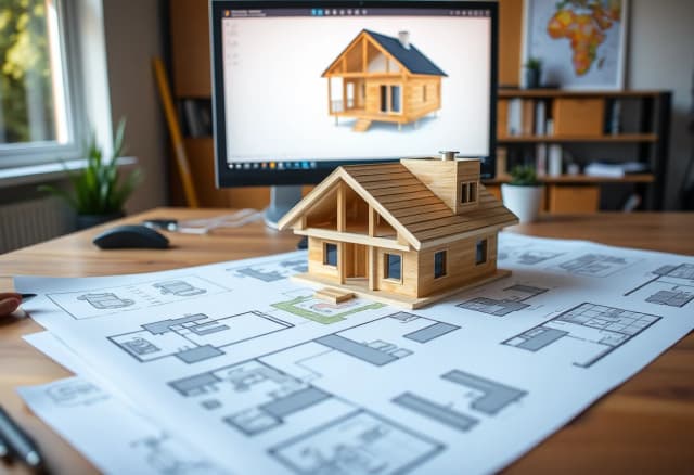 Close-up architectural shot of a modern frame house blueprint and 3D floor plans spread out on a wooden desk. A stylized wooden architectural model of a Scandinavian house sits on the drawings. Behind it, a modern computer screen displays a digital CAD engineering model of a house frame. Professional design studio atmosphere, soft natural lighting, photorealistic, 8k resolution, highly detailed, crisp focus.