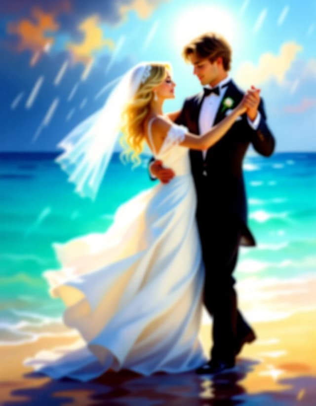 A masterpiece. Creating an image. Style - oil painting. ((On the shore of the turquoise sea, against the background of the Mediterranean landscape, dancing in the warm rain, in the foreground a beautiful blonde girl, expressive eyes, clear facial features, in a wedding dress and veil, and a handsome young man in a tuxedo, in full height, dancing together, holding hands, waltzing in the warm summer rain, the sun is shining The sun:1.6)). High resolution. High detail and clear texture. Close-up. High quality. Increased attention to small details. The aspect ratio is 3:4. The artists are Levitan, Shishkin.