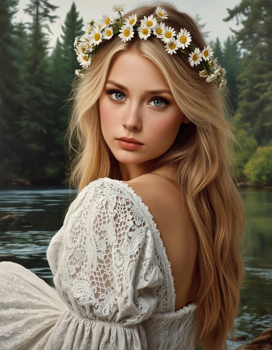 A masterpiece. Style: oil painting. (Image. How does artificial intelligence imagine: A beautiful Slavic girl, blonde with a wreath of field daisies, in a white lace dress sits on the riverbank against the background of the forest. Expressive gray-green eyes, clear facial features, head turn 3:4):1.8. Intense close-up. High quality. High resolution. Increased attention to fine details and texture. The artist is Russ Mills.