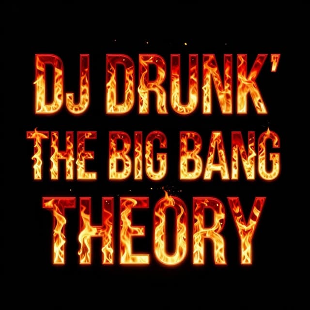 Modern 2026 electronic music album cover, solid matte black background. Hyper-bold extended futuristic font reading on three lines: line 1 "DJ DRUNK'", line 2 "THE BIG BANG", line 3 "THEORY". Font mask design with explosive photorealistic fire and burning inferno trapped inside the letters. Glowing embers, sharp contrast, intense red and gold flame textures. Clean defined text edges against the black emptiness. Cinematic photography style, EDM rave aesthetic, 8k resolution --ar 1:1 --v 6.0 --style raw