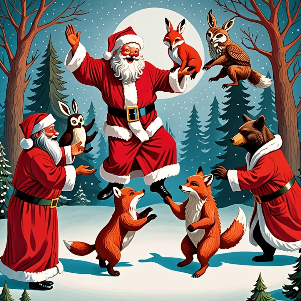 The fox, the owl, the bear, the hare, and the wolf lead a circle dance around Santa Claus in a red robe.
A total of five animals and one Santa Claus.