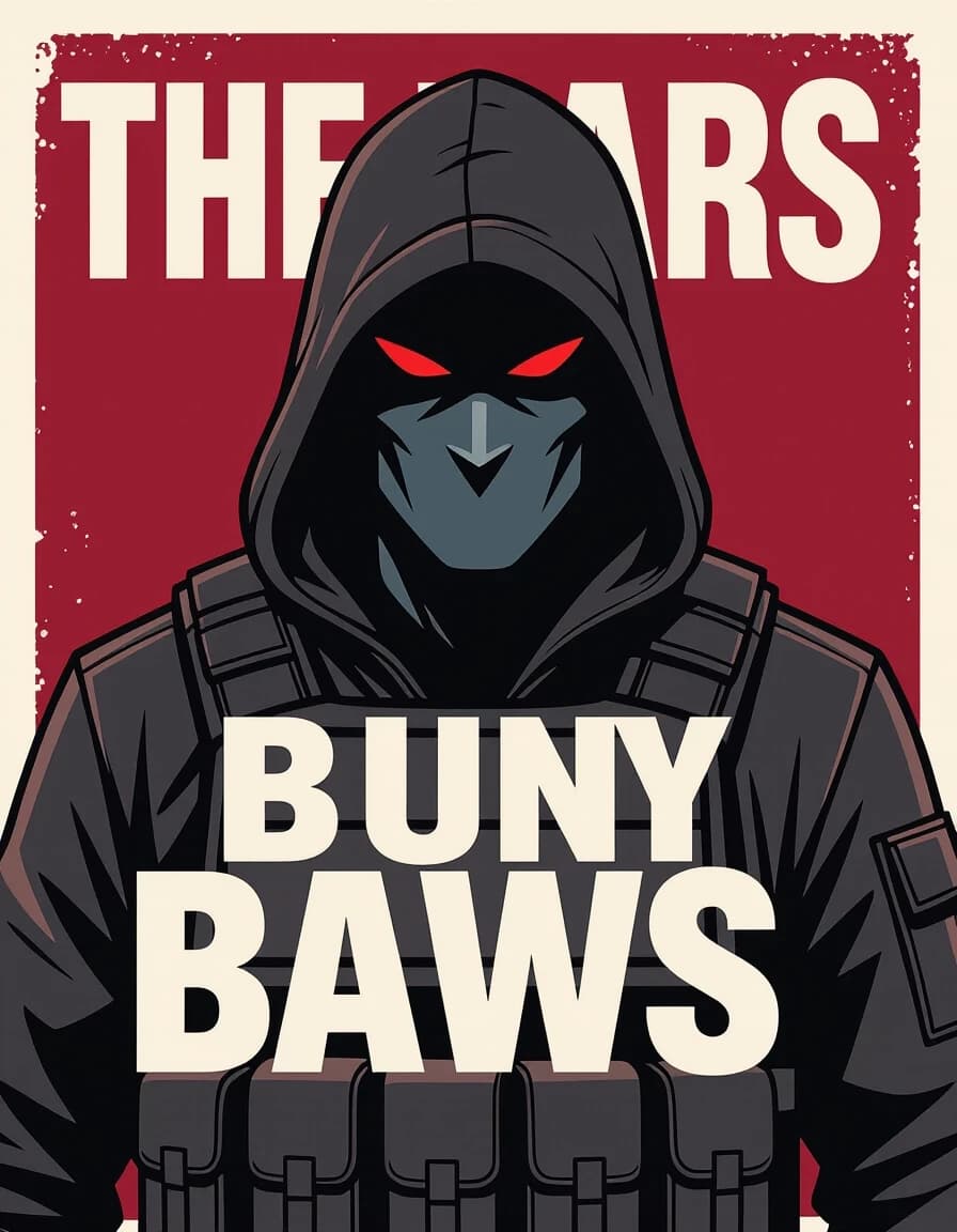 Comic book style, graphic illustration, limited color palette of 3 colors: blood-burgundy, pure black, dark grey. A single ominous silhouette of a tall, broad-shouldered man against a solid burgundy background. He wears a hood and tactical vest. No facial features, only angular slits for eyes and a wide, mocking grin outline, both in the same burgundy as the background. Stylized, flat colors, bold outlines, high contrast. No realism, no textures, no detailed rendering