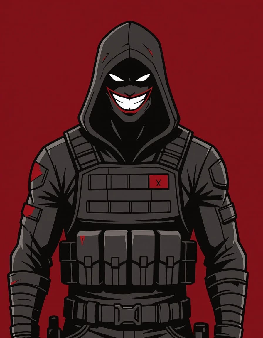 Comic book style, graphic illustration, limited color palette of 3 colors: blood-burgundy, pure black, dark grey. A single ominous silhouette of a tall, broad-shouldered man against a solid burgundy background. He wears a hood and tactical vest. No facial features, only angular slits for eyes and a wide, mocking grin outline, both in the same burgundy as the background. Stylized, flat colors, bold outlines, high contrast. No realism, no textures, no detailed rendering