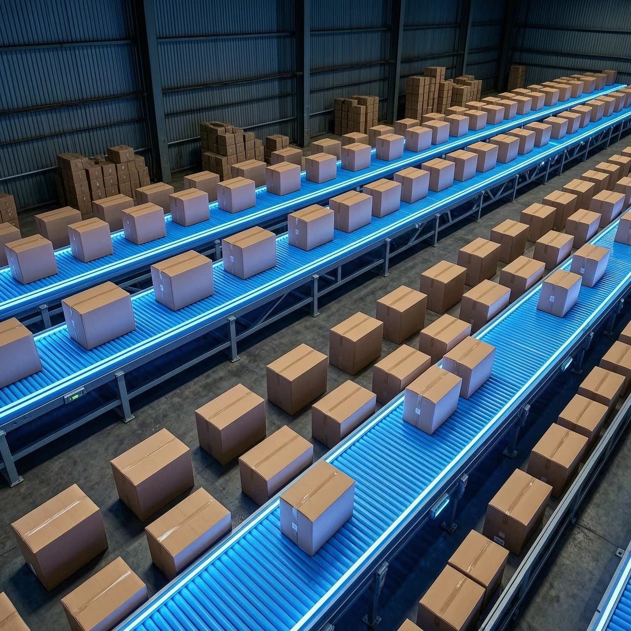 Inside the dark warehouse, bright blue LED conveyor belts rapidly sort thousands of brown cardboard parcels. Fast-paced, top-down view.