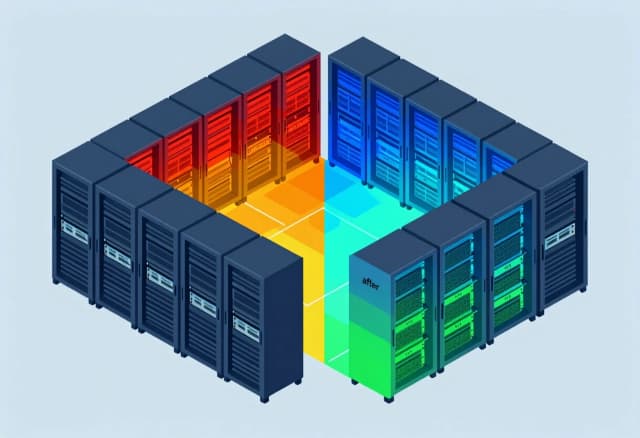 Isometric split-view comparison of a data center server room. Left half shows "before": red and orange heat zones, chaotic airflow, overheated server racks, inefficient cooling. Right half shows "after": cool blue and green thermal zones, organized hot/cold aisle containment, efficient cooling, balanced load. A central vertical divider separates the two states. Flat vector design, blue-teal-cyan color palette with red-orange accents on left, gray‑blue background, professional tech infographic style, no text, no labels.