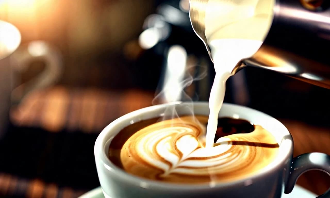 Cinematic premium coffee commercial, warm sophisticated atmosphere, realistic photography, shallow depth of field, beautiful natural morning light, subtle film grain, elegant camera movement.
Scene: freshly brewed espresso slowly pouring into a beautiful ceramic cup. Extreme close-up, rich crema forming on the surface, dramatic warm backlight, slow motion. Milk being poured into the coffee, creating an elegant latte art pattern. Smooth controlled movement, beautiful steam.
Mood: inspiring, warm, premium, comforting, sophisticated.