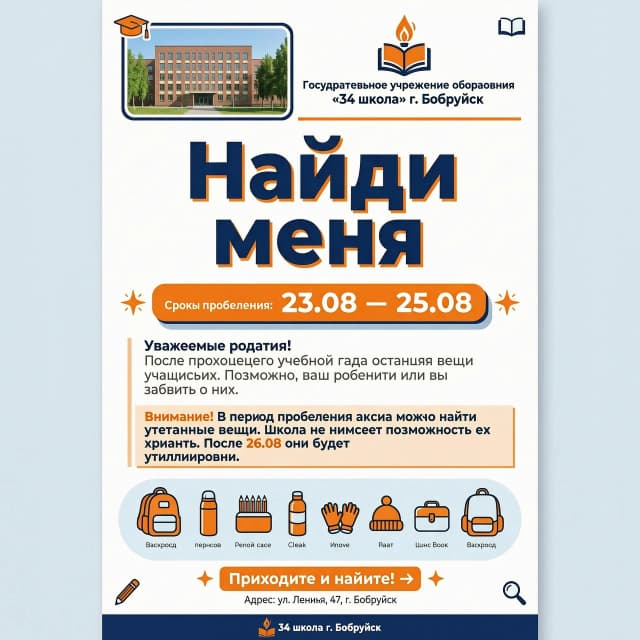 Создать фото в сине-оранжевых оттенках на белом фоне по тексту для 34 школы г. Бобруйск: Акция "Найди меня".
Сроки проведения: 23.08 по 25.08
Уважаемые родители!
После прошедшего учебного года остались вещи учащихся. Возможно, ваш ребенок или вы забыли о них.
В период проведения акции можно найти утерянные вещи, школа не имеет возможности их хранить.
После 26.08 они будут утилизированы.
На фото добавить логотип и фотографию школы, а также утерянные вещи (графика)