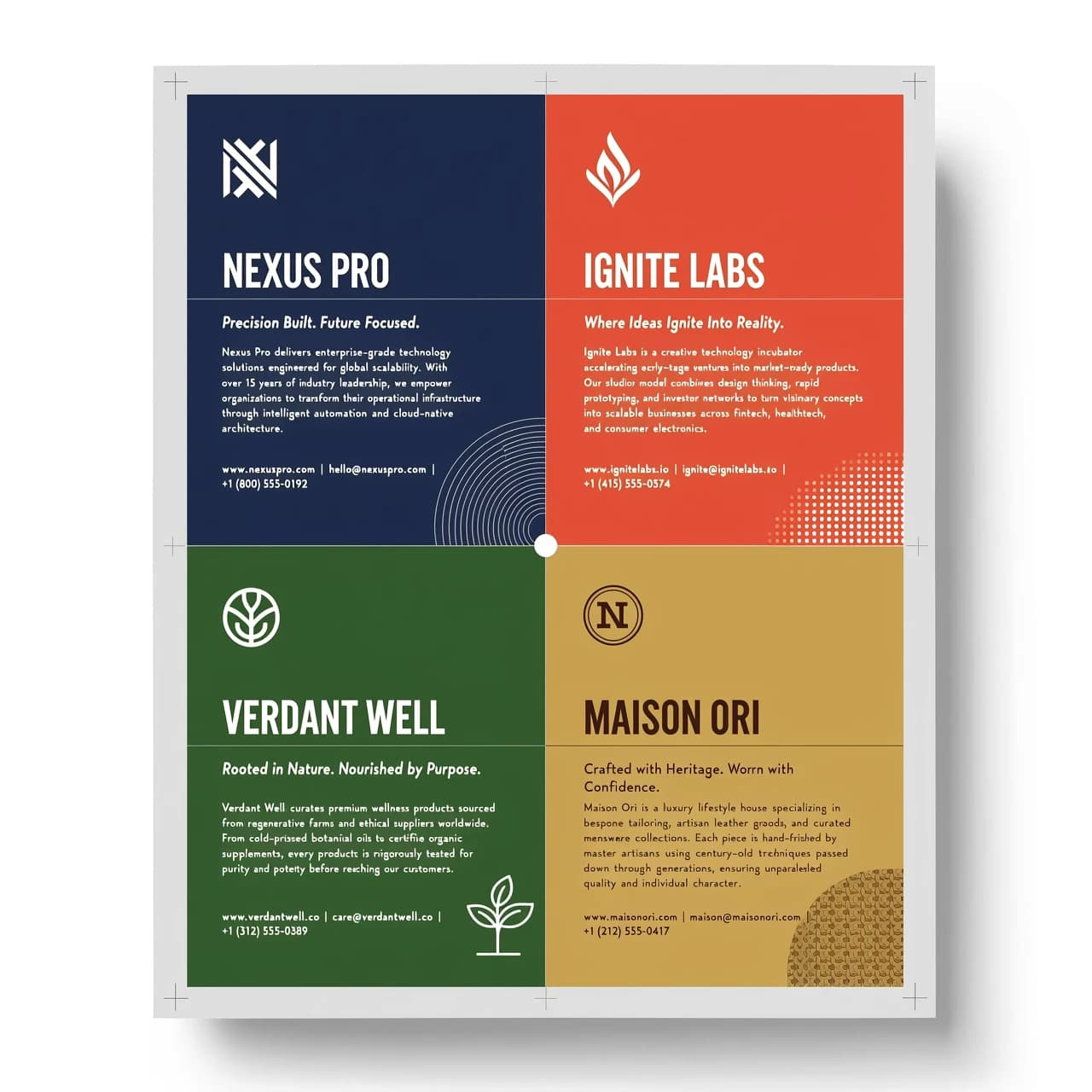 I have 4 brands with 4 different images. I want to create printed advertising material for clients where on the first page I want to place both the images and the necessary information about the brand. The material will be distributed to clients in the form of a flyer. Divide the sheet into 4 equal rectangles (horizontally or vertically). Each block will feature its own brand. This option is good if the brands are of equal importance. How to play with the image: Give each quarter its own dominant color (background or overlay). Place the logo strictly in the upper corner, align the text according to the grid. Feature: Create a unifying element that visually connects them (e.g., a thin line in the center or rounded corners for all blocks), but the color palette within each cell remains strictly "branded".
