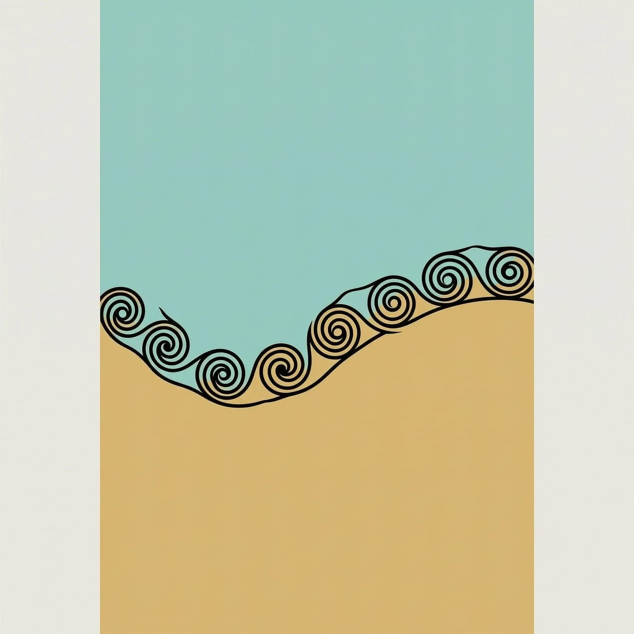 A vertical minimalist vector art illustration for a book cover background. Flat design style. The canvas is cleanly divided into two fields: the top part is flat pastel turquoise color, the bottom part is flat warm sand-yellow color. The dividing line between colors is a single, clean, elegant silhouette curve of a female hip. Exactly along this dividing line runs a sharp, razor-thin, ink-black Maori Koru ornament line. High contrast, screen print aesthetic, completely flat colors, no shadows, no realistic skin, no realistic bodies, no text, no letters