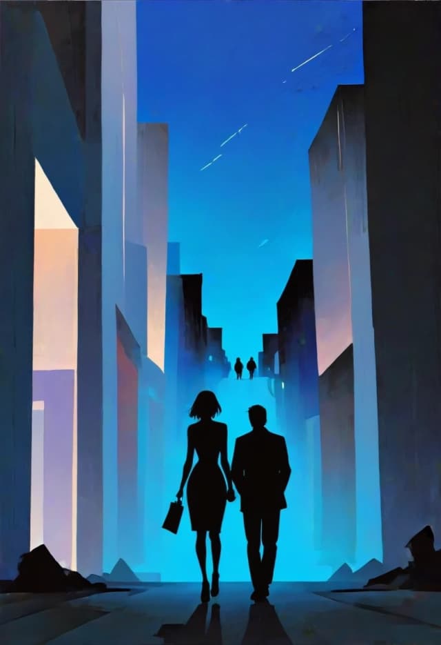 In the style of Malcolm T. Leipke
on a blue background,
night landscape, modern architectural landscape, walking silhouettes of women and men, angular, nervous brushstrokes, on a rough background, pastel, unfinished study
minimalism