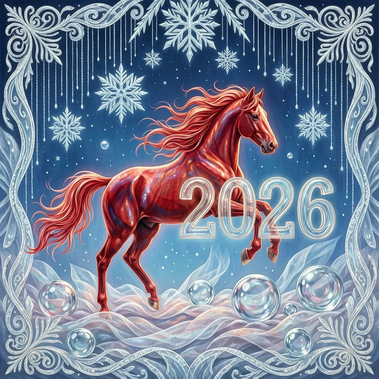 In the double exposure style. An ephemeral mythical creature in the form of a beautiful scarlet fiery horse with a long wavy mane collects the word "2026" from glass letters. In a jump. Background: bright blue night sky with grandiose continuous ornamental frosty patterns, zigzags, spirals of frost. Needles, transparent glass balls, silk, tulle.
In the "Glitter" style: magical realism, natural symphony, shapes dissolve into color, lines flow like water, translucent layers with a watercolor texture, intricate ornaments at the corners of the composition.
Iridescence, lace, entourage, fantastic plot, New Year's tale, magic, whimsicality, originality. High detail, cinematic lighting, solemn festive atmosphere, realistic.
